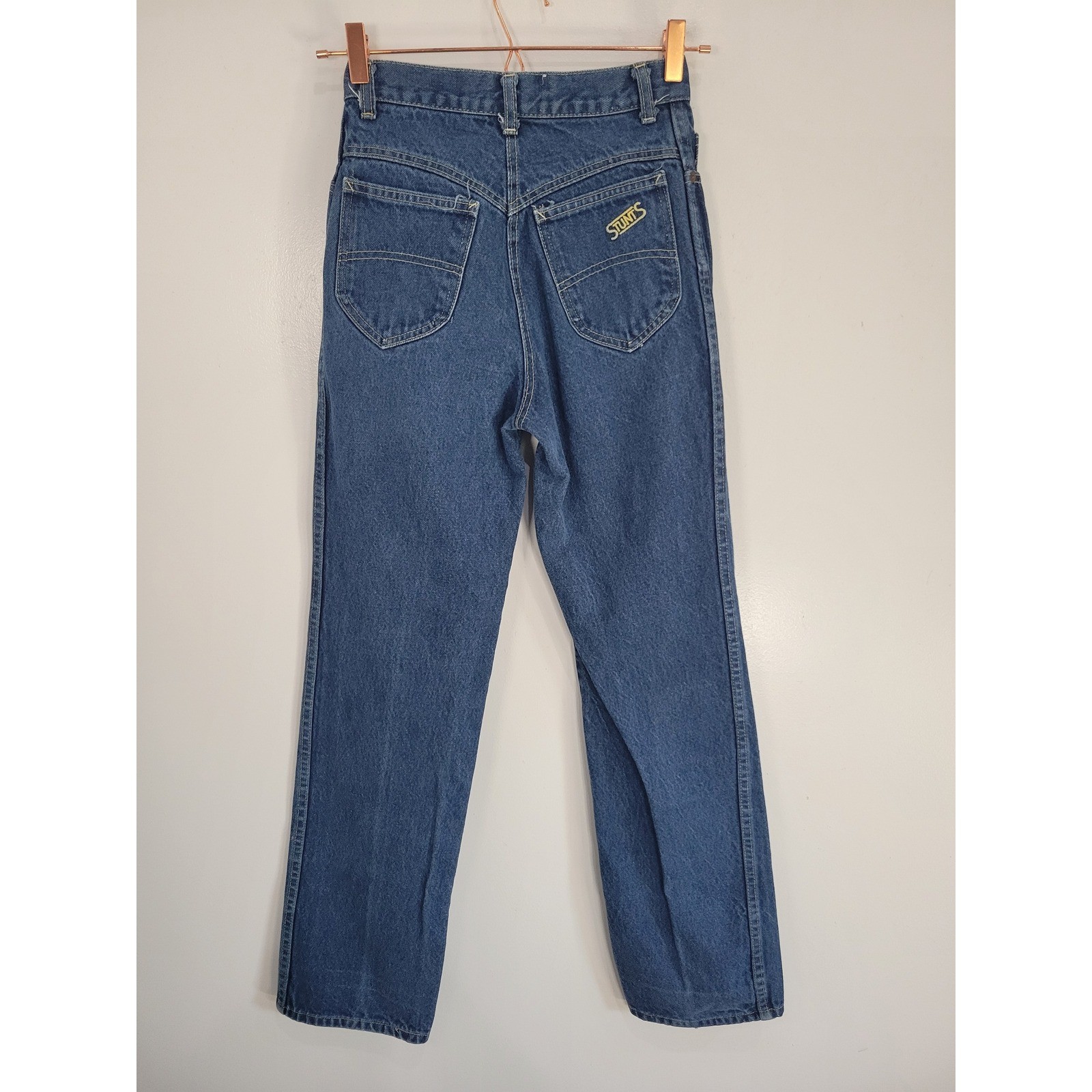 Vintage Stunts High Waisted Straight Leg Blue Denim Jeans Made in USA 25 Waist