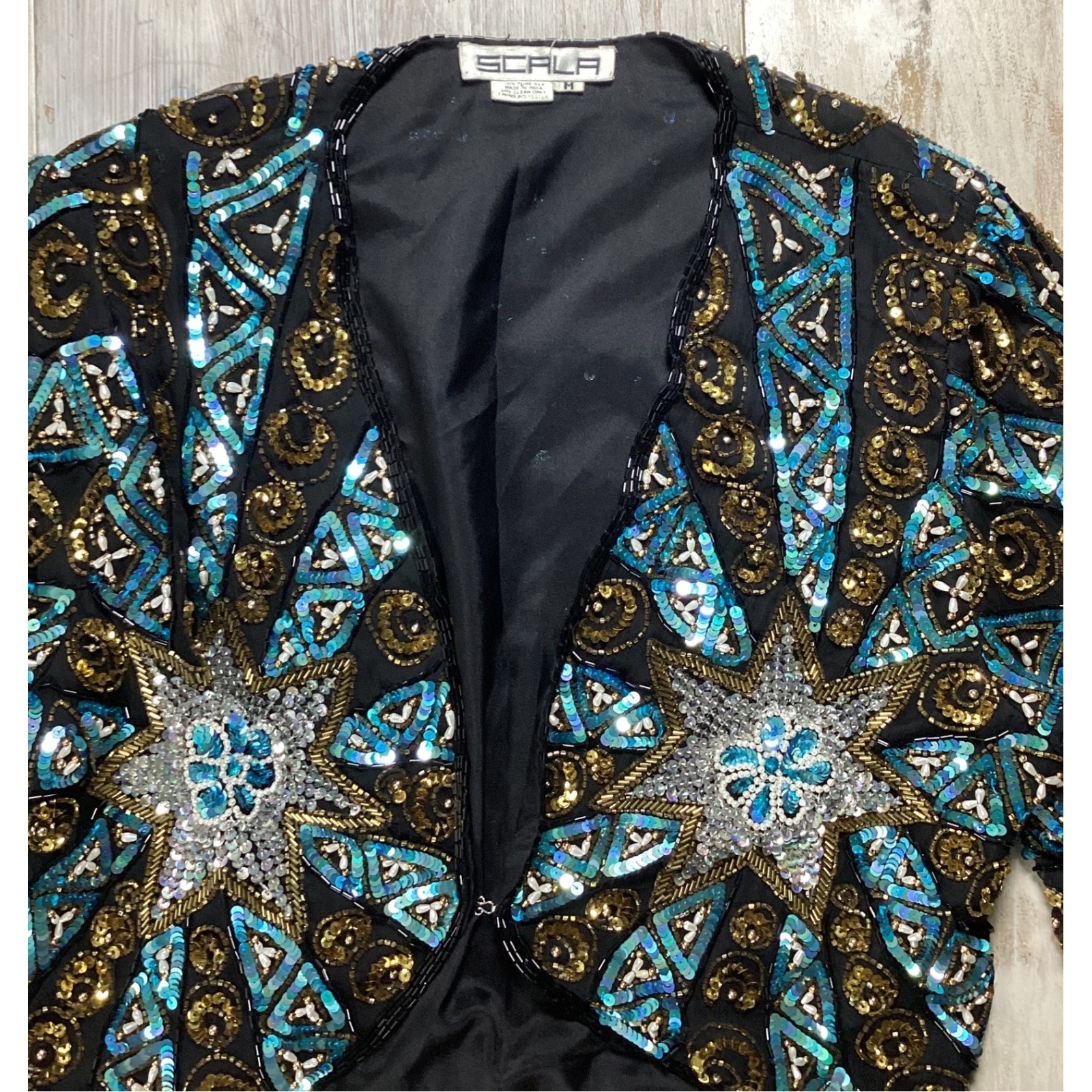 Scala Vintage Beaded Silk Bolero Jacket Gold Turquoise Sequin Starburst Medium