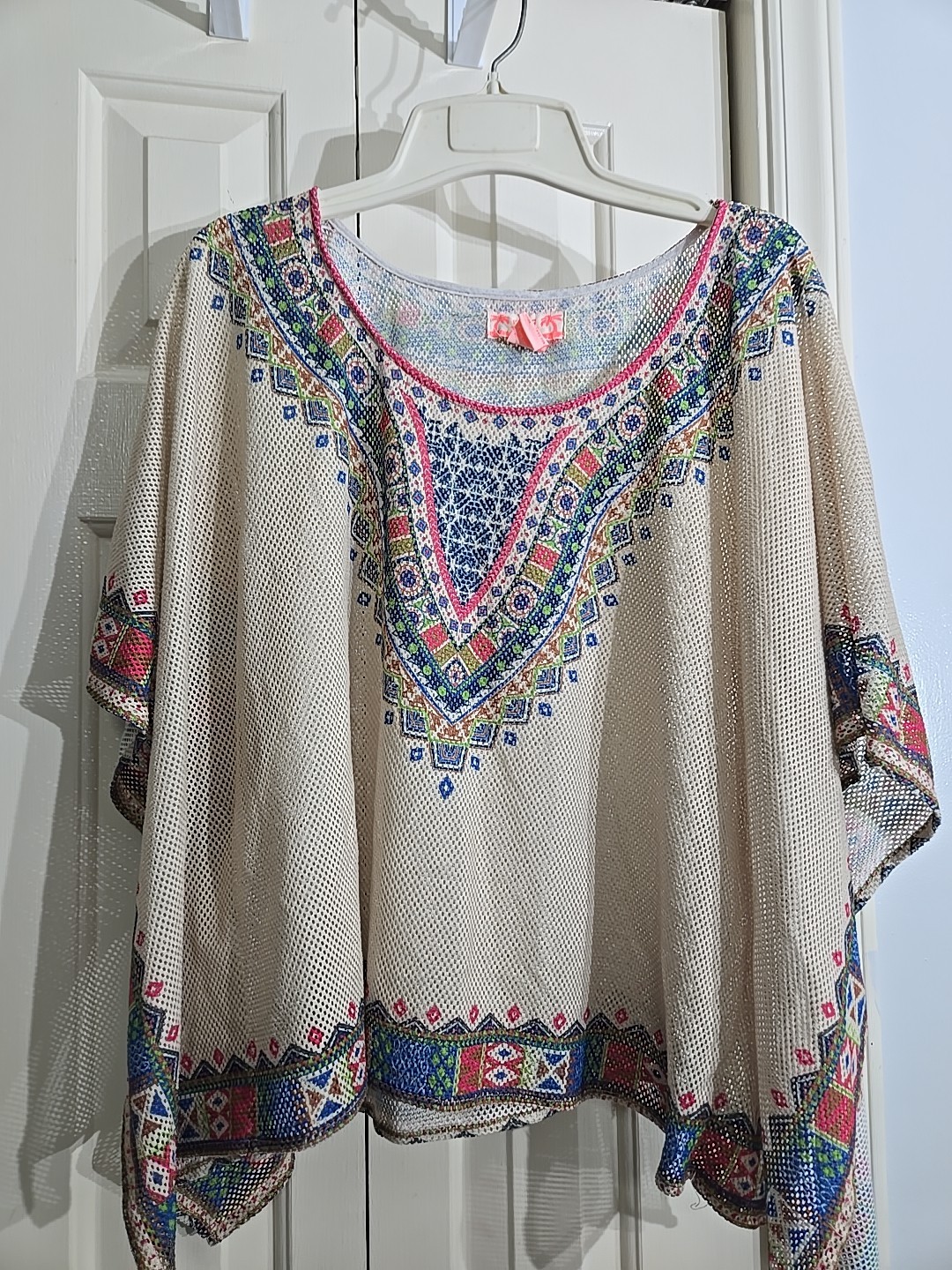 VTG 70s Indian Pattern Kaftan Sheer Gauze Boho Hippie Top Size Med Beige