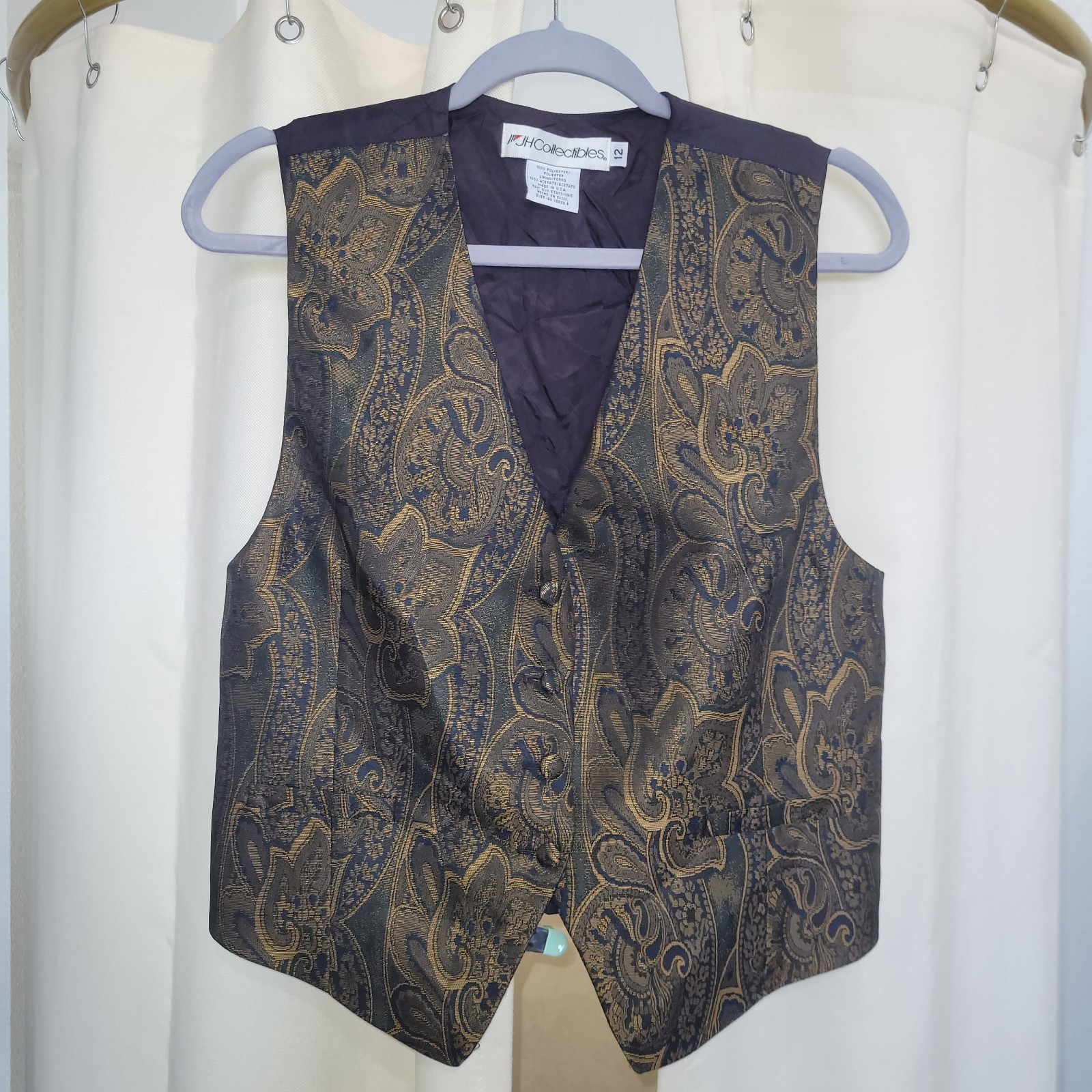 1980&rsquo;s Vintage Gold & Teal Paisley Vest JH Collectables Unisex Size 12