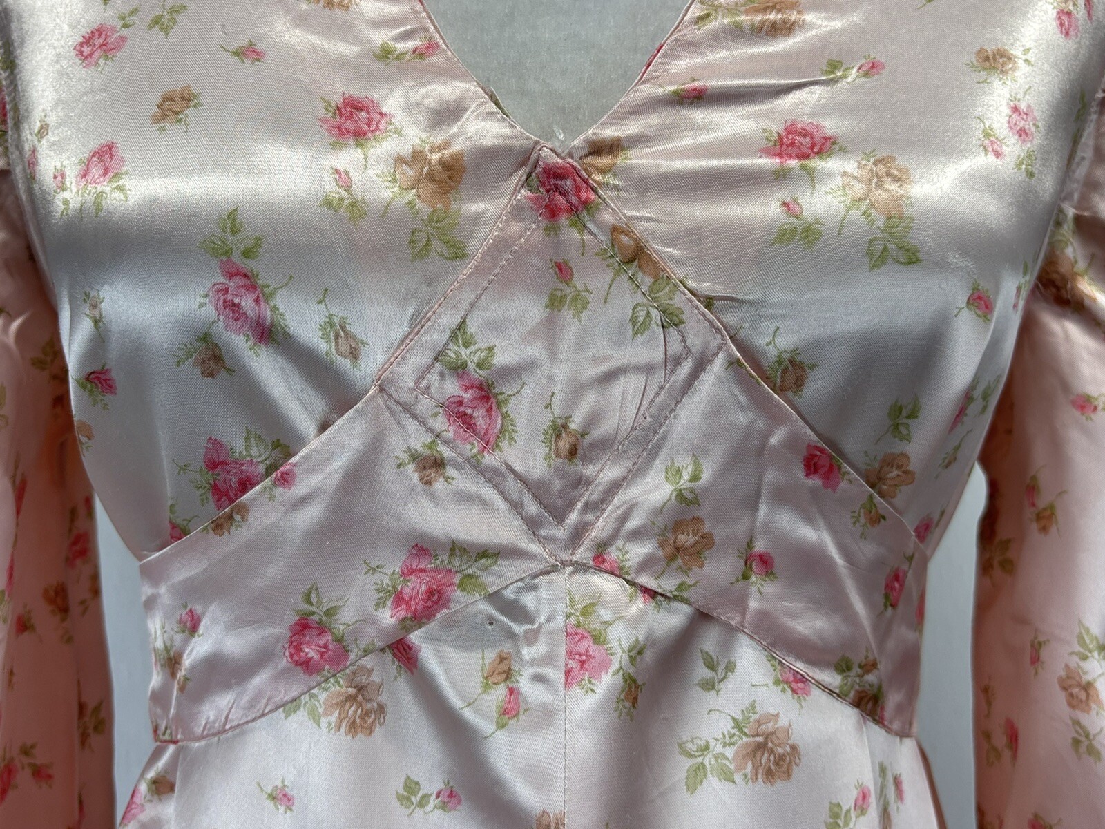 Vtg Handmade Satin Floral Gown Dress Pink Tie Back Cottage Core Prairie Long 70s