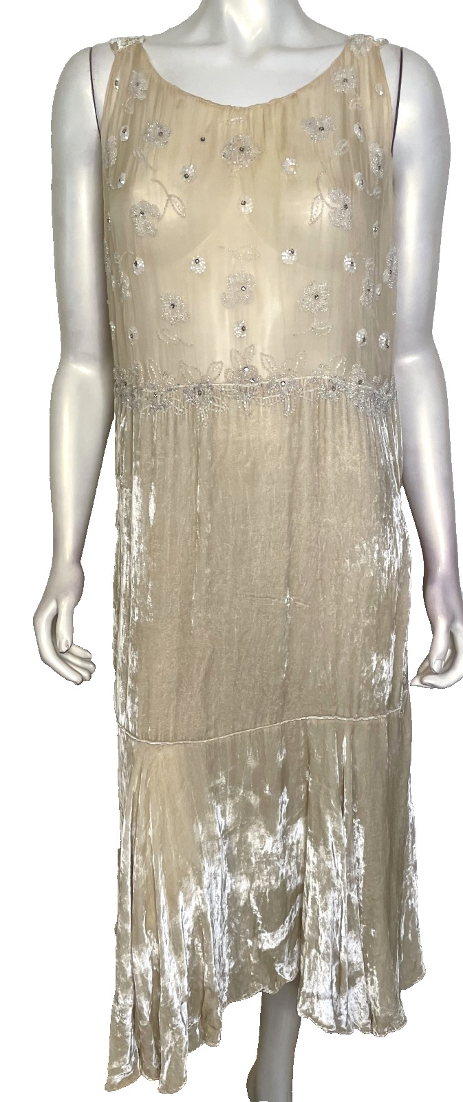 Antique 20s 30s Ivory Beaded Silk Chiffon Velvet Dress S M Art Deco Champagne