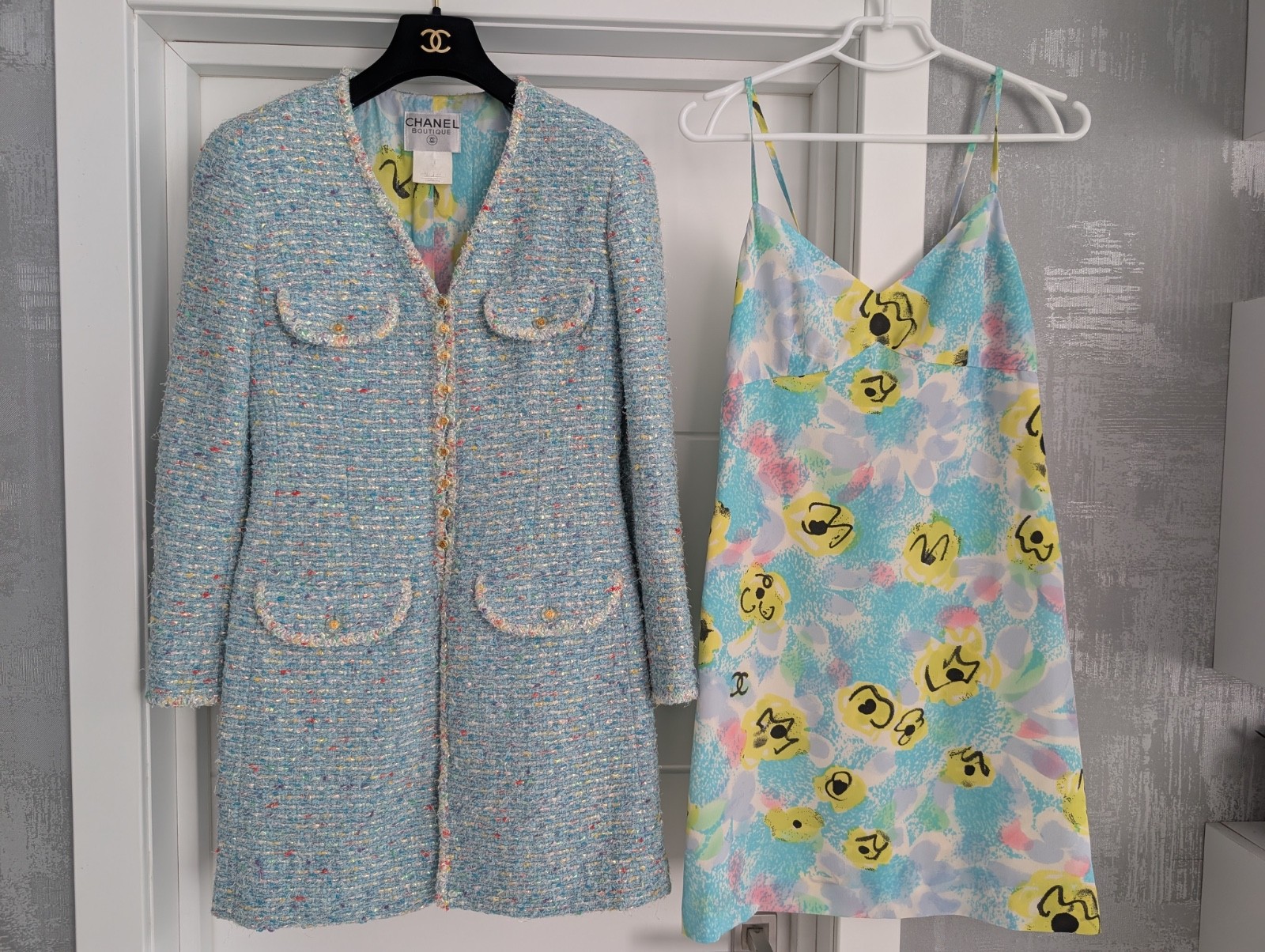 Chanel 1997 Confetti Fantasy Tweed Coat Blue Jacket Camellia Print Silk Dress 40