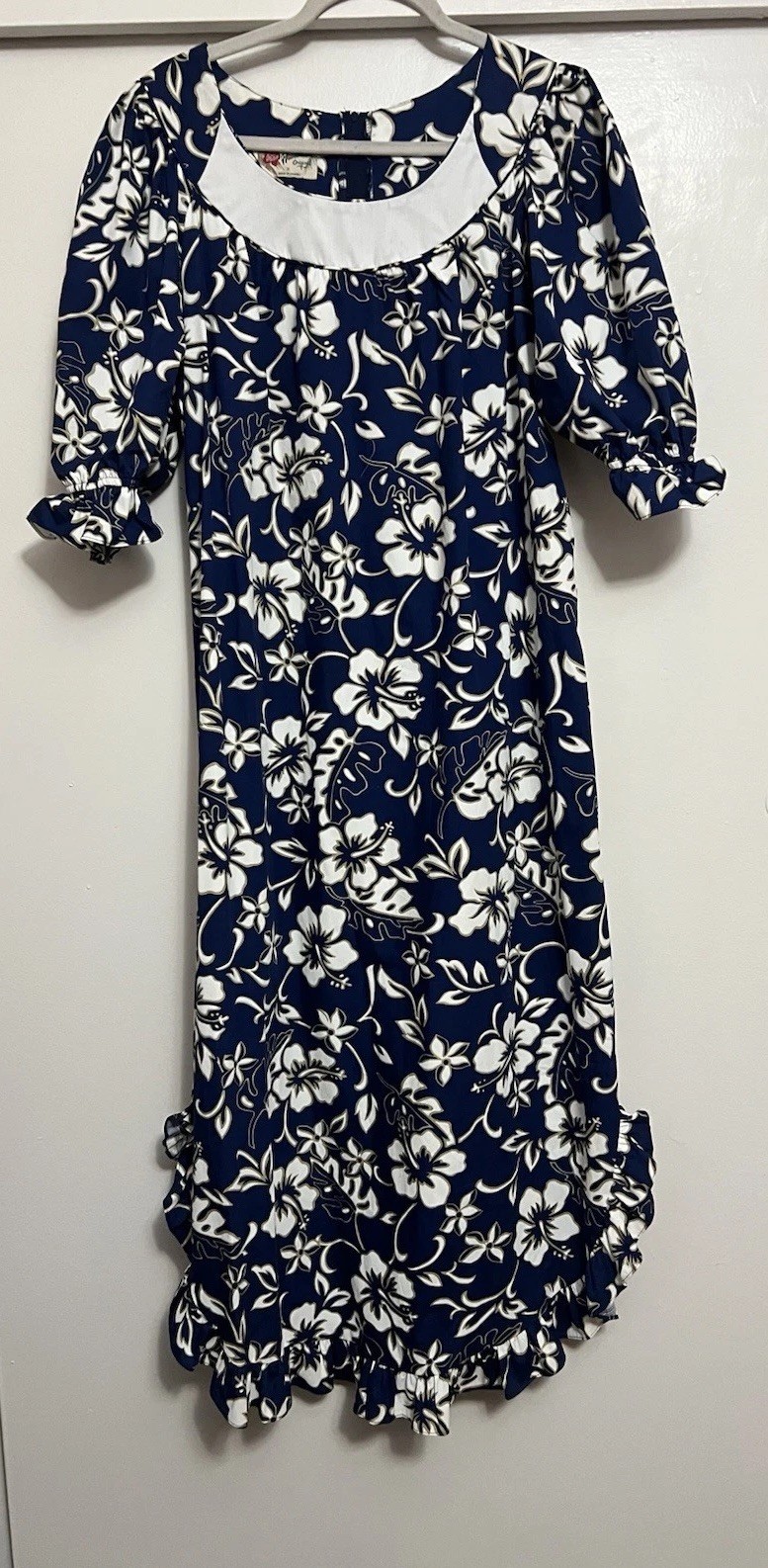 Vintage Hilo Hattie Hawaiian Dress M Blue Hibiscus Floral Made In Hawaii Cotton