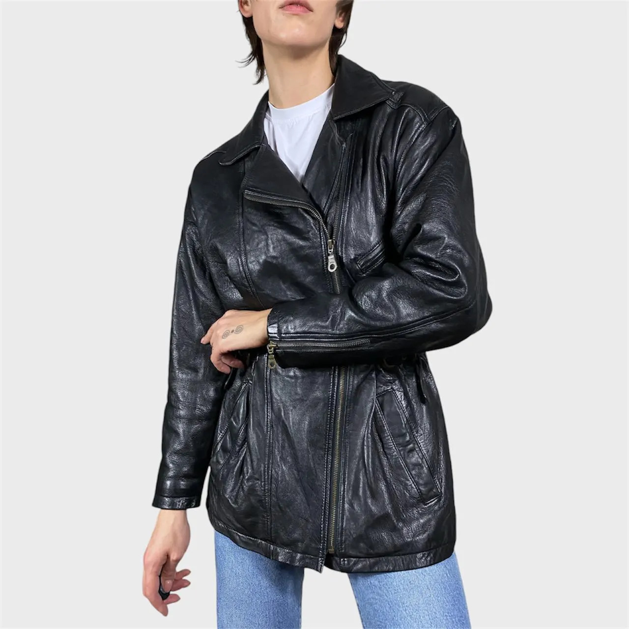 Vintage Black Leather Jacket Moto Biker Style Zipped Jacket Size US8