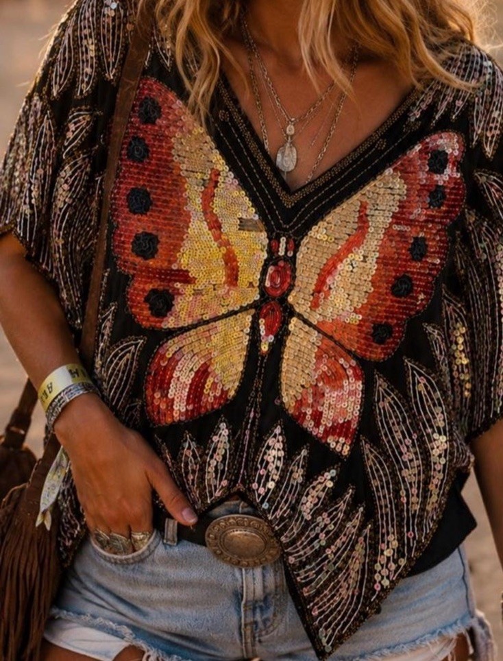 Vintage 80s Silk Sequin Butterfly Top Beaded Black Art Deco Festival Boho