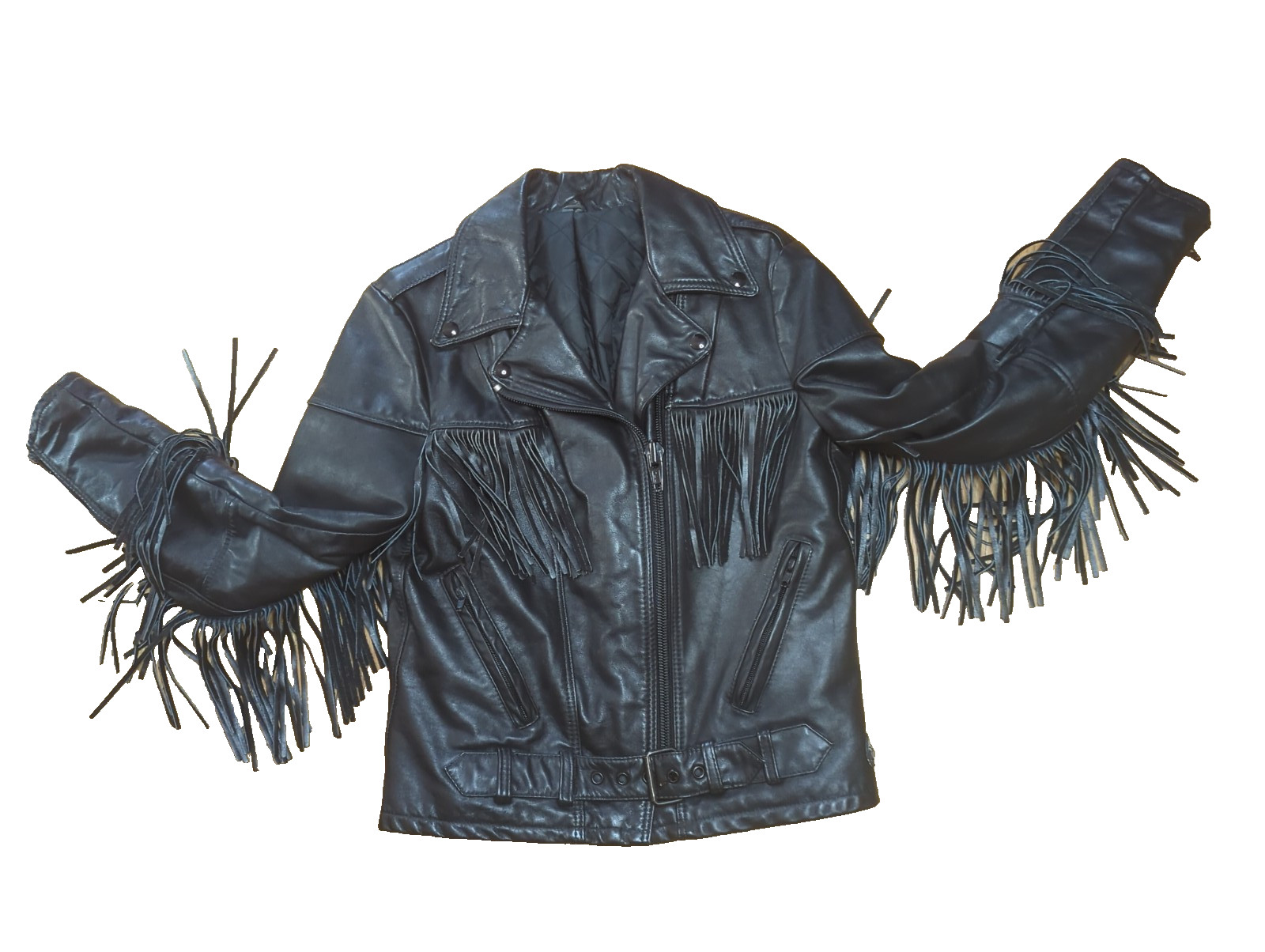 Vintage black leather fringe jacket women&rsquo;s S M moto rocker biker TAURUS