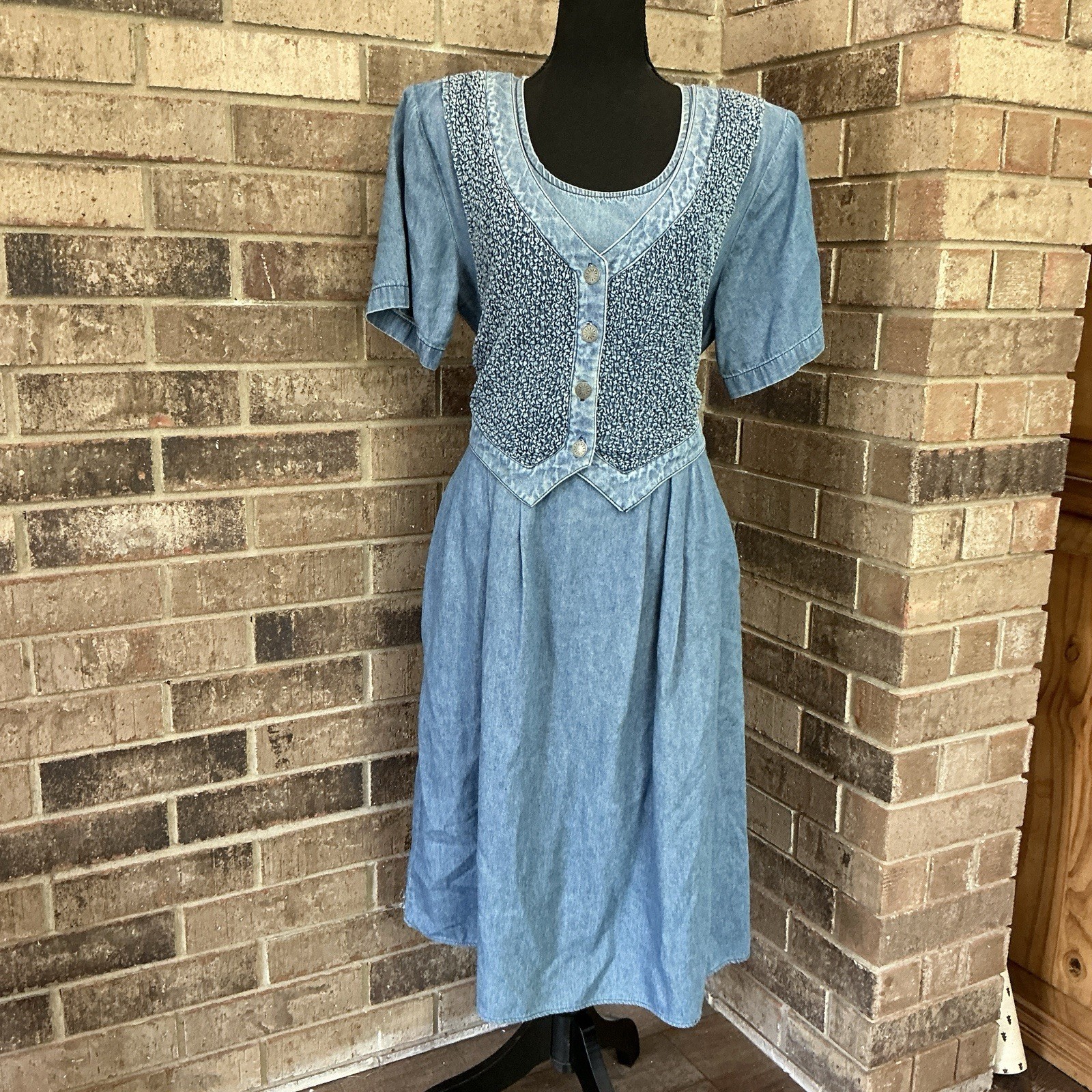 90s VINTAGE D Frank Denim Dress Floral Bodice Tie Back Size 10 USA Cotton #2001