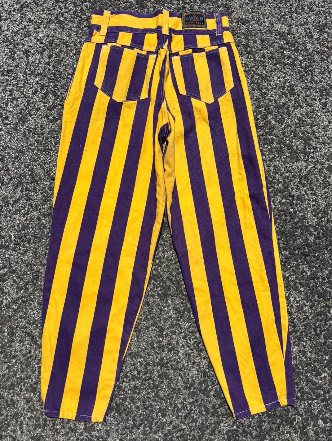 VTG 80s BOLD Purple Yellow Striped Watch Jeans LA .high Waist/curvy.32”.talon