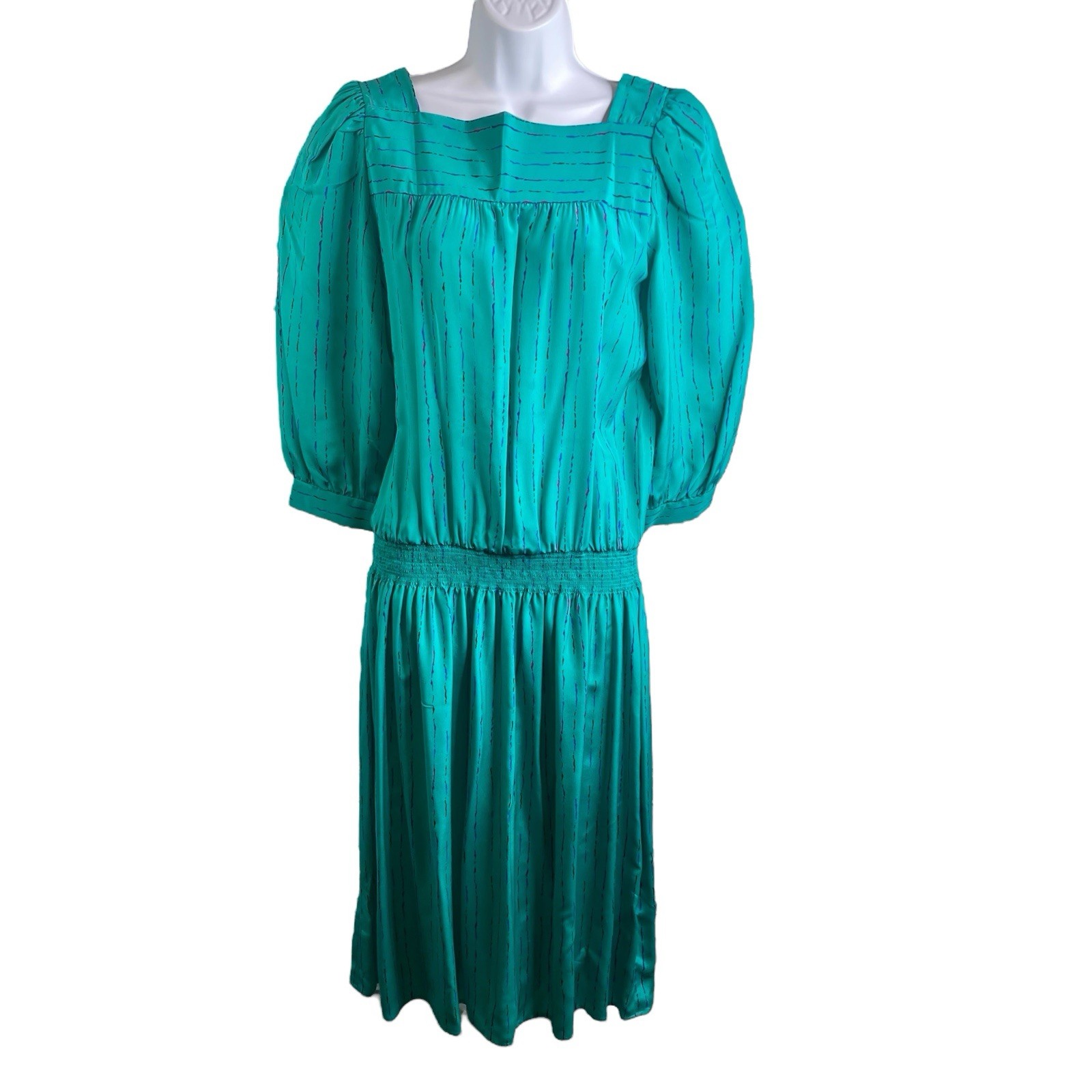 VTG 80s AP LTD Blue Green Stripes 100% Silk Blouson Dress 8 Retro-Chic Mad Men