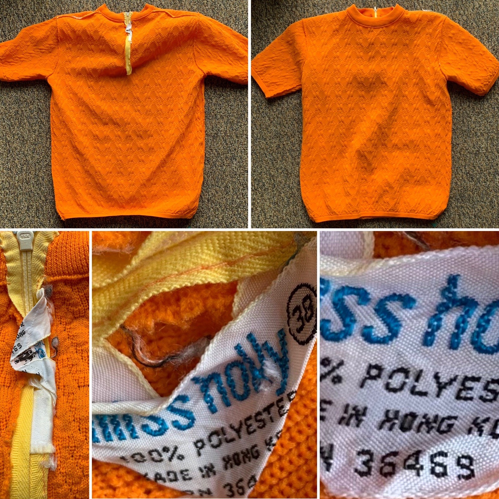 Vintage Miss Holly Top Orange Polyester Short Sleeve Made in Hong Kong size 38