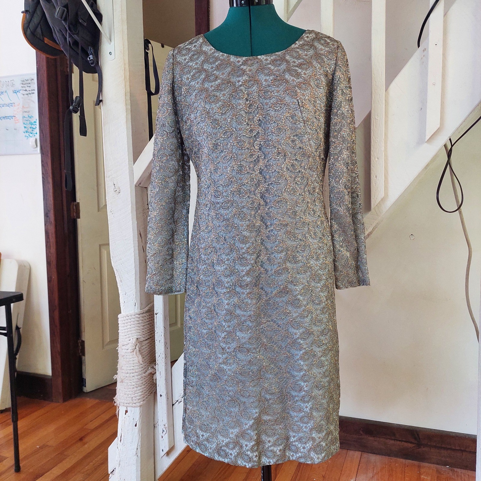 Vintage Clifton Wilhite Dallas Metallic Silver Gold Lace Cocktail Dress 1960&rsquo;s
