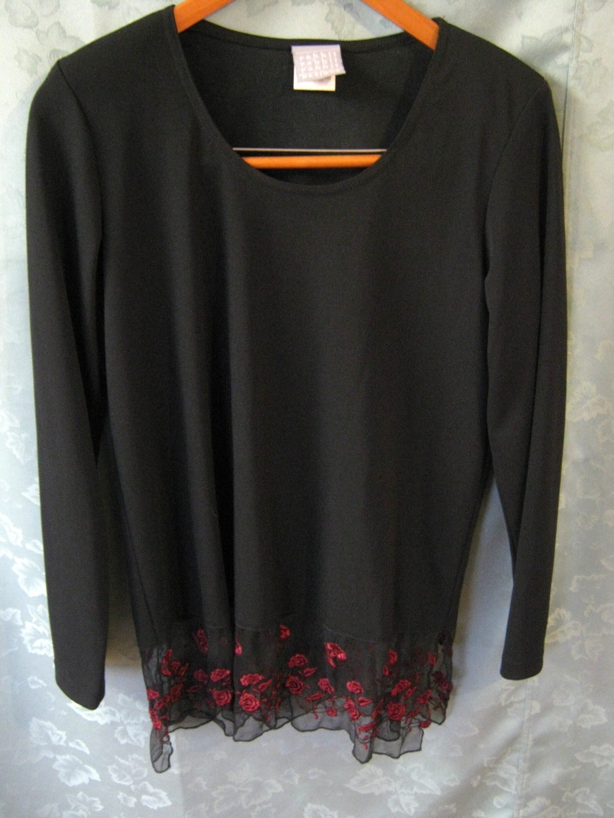 VTG 90&rsquo;s Rabbit Designs Tunic Top Size 6 Sheer Lace Hem Stretchy Knit