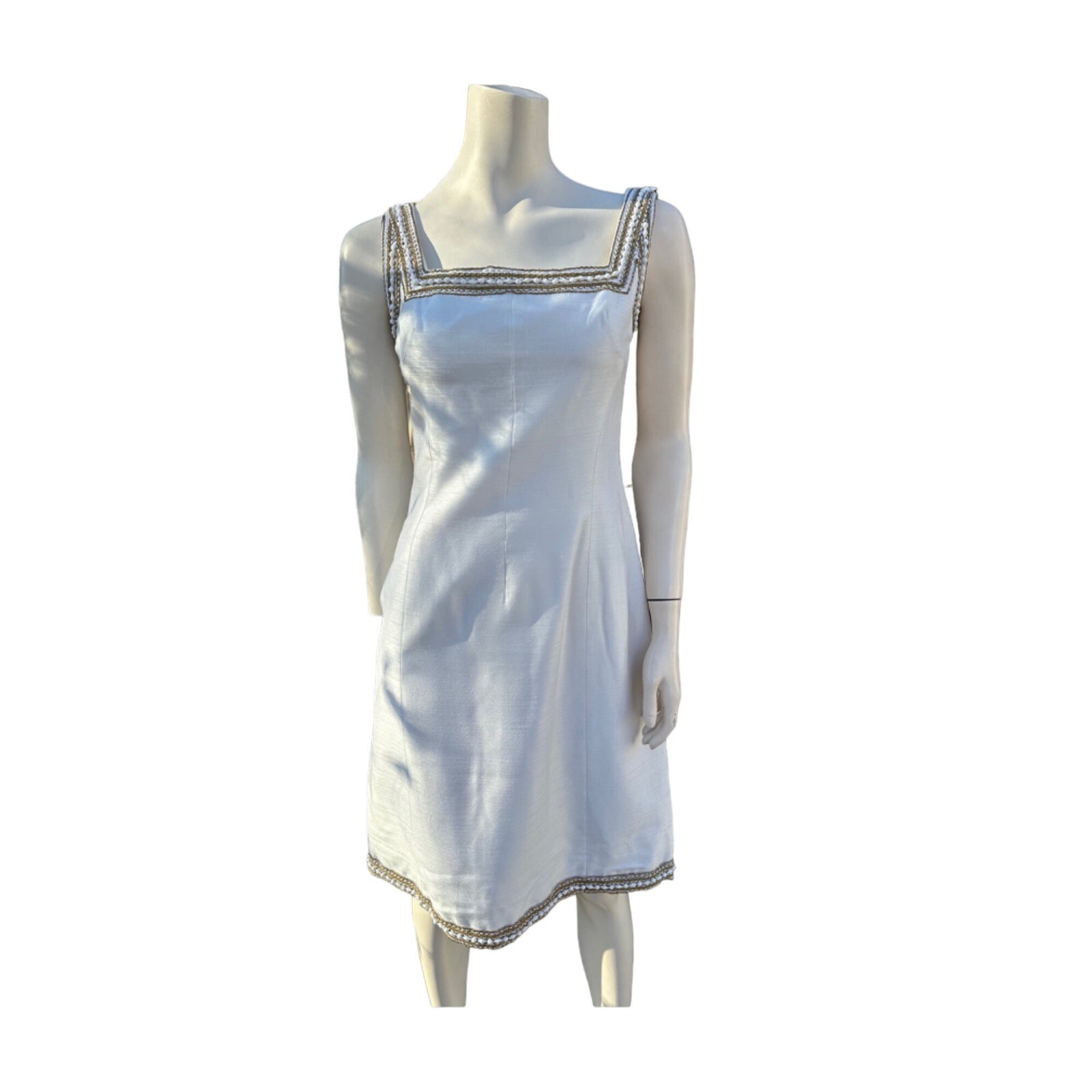 50s-60s Frank Usher White Sheath Dress Square Neck Gold Soutache Shell Bead Trim
