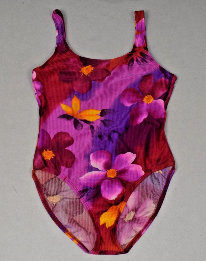 Vintage Swimsuit Catalina Size L 90s Shimmery Magenta Tropical Floral Ribbed