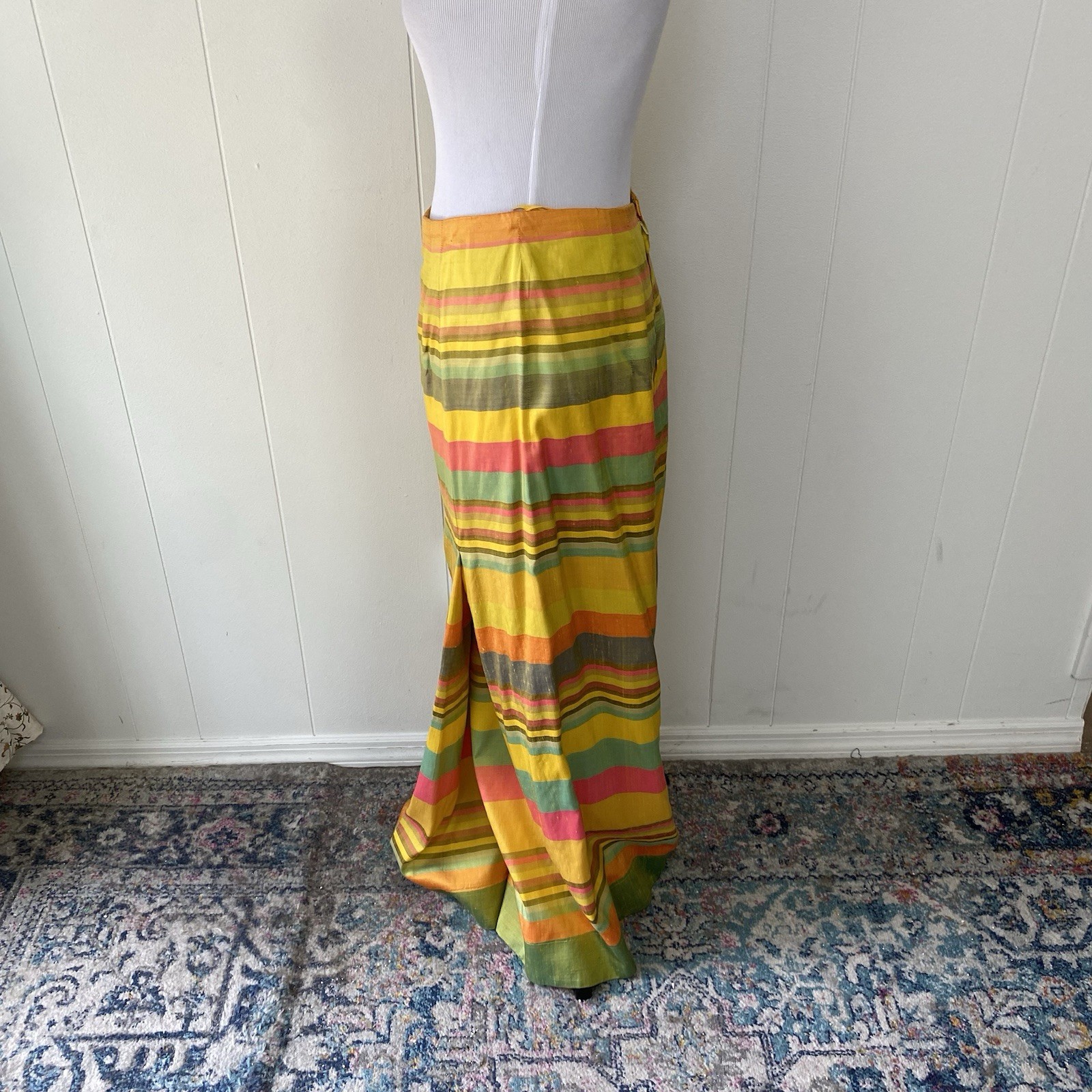 60s 70s Taffeta Multicolor Silk? Striped Maxi Skirt M 28-29” Waist Handmade