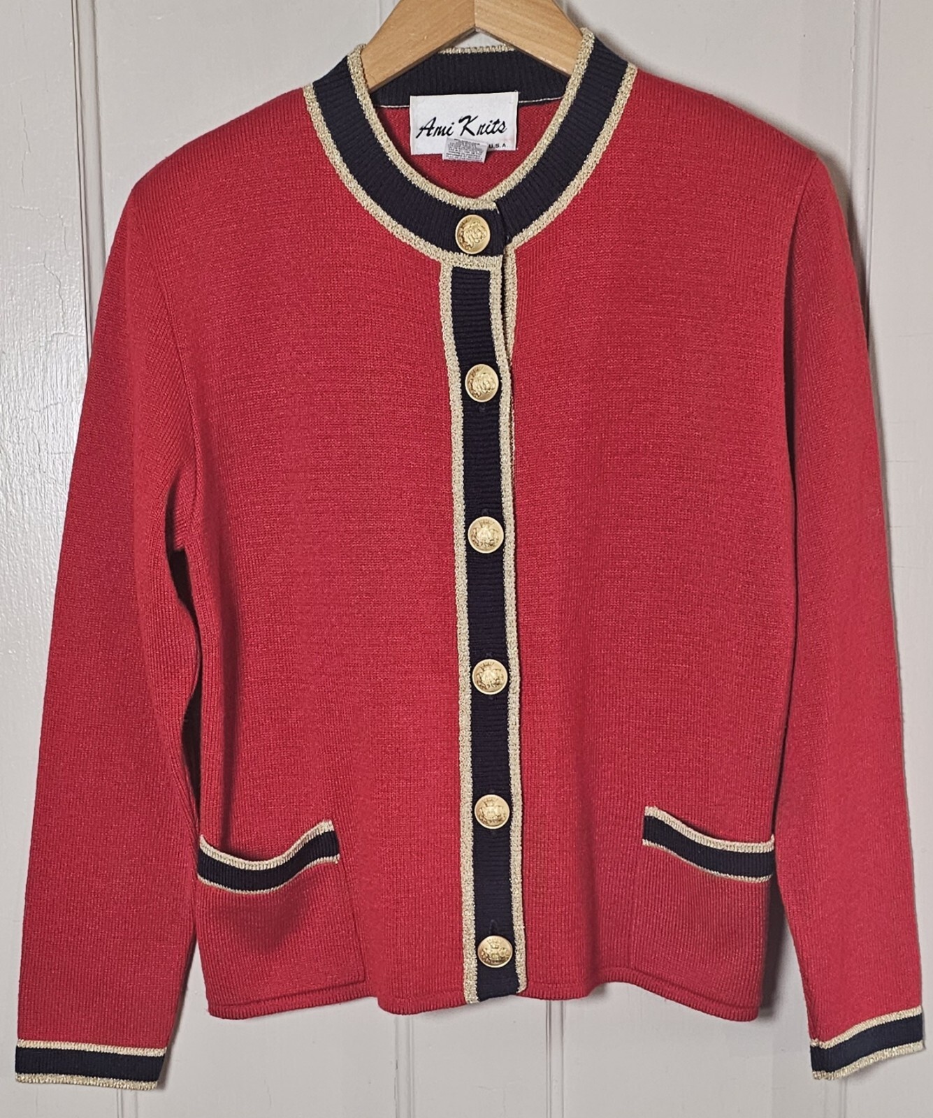 VTG Sweater Blazer Ami Knits Size 6 Red Gold Button X-mas Glam Mob Wife Holiday