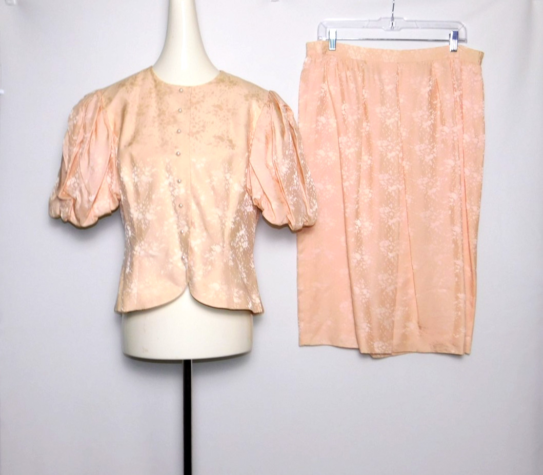 2 Pc Vintage Womens RIMINI Light Peach Pure Silk Puffed Sleeve Top & Skirt Sz 14