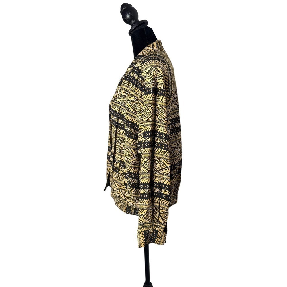 Vintage 80s Silk Aztec Geometric Slouchy Jacket Size S Petite Black Gold Tribal