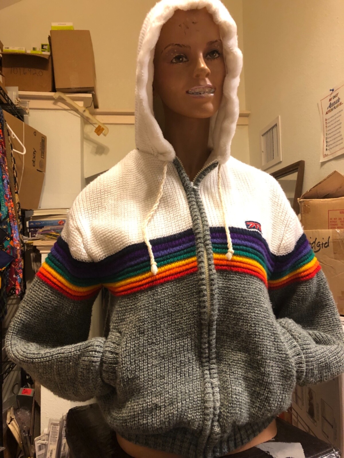 SMALL – VTG Brittania RAINBOW Sweater Hooded Zip Up Jacket Preppy Fleece Lined