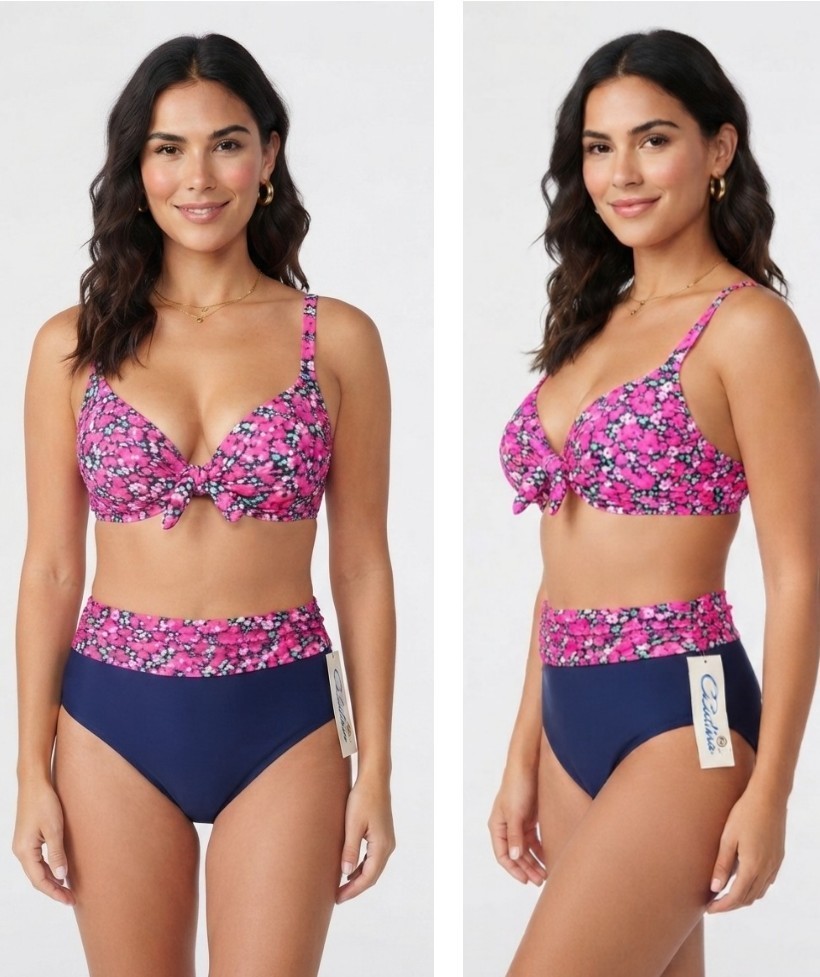 Catalina NWT Vintage 80&rsquo;s Blue Neon Pink Floral Hipster Bikini Padded Bra M
