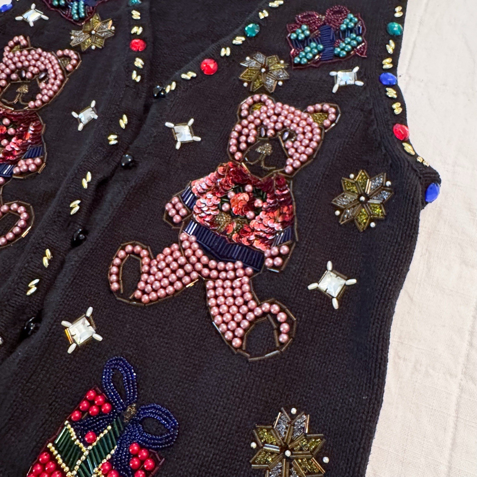 Vintage 90s Claudia D. Beaded Sequenced Christmas Sweater Vest Black Med Womens