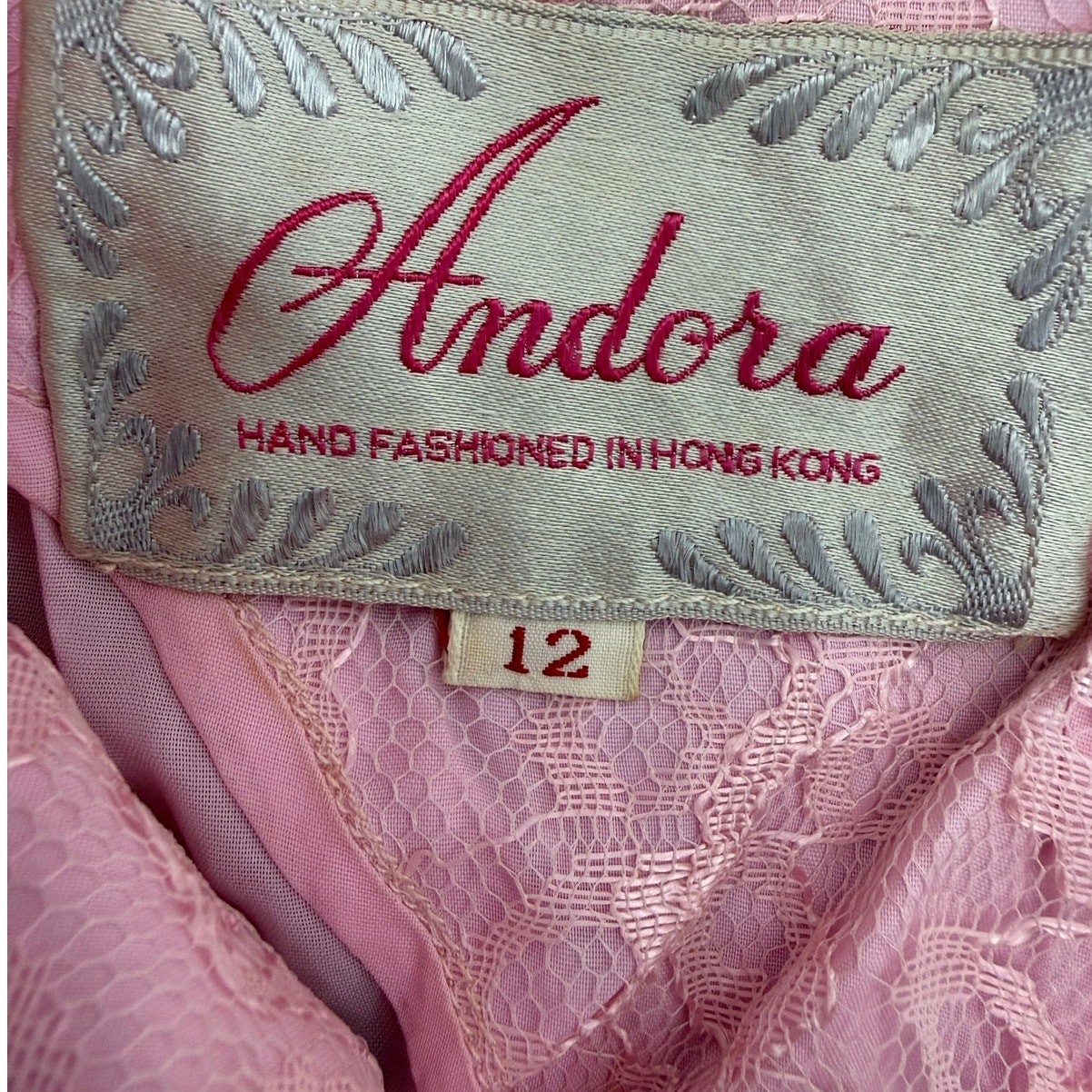 Vintage 70s Andora Hong Kong Pink Beaded Lace Sheath Dress Size 12