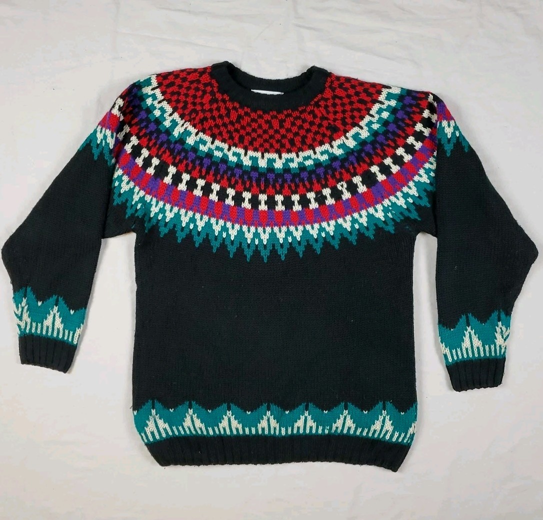 Giorgio Sant Angelo Black Christmas Sweater Grandma Adult M Acrylic Wool 1980s
