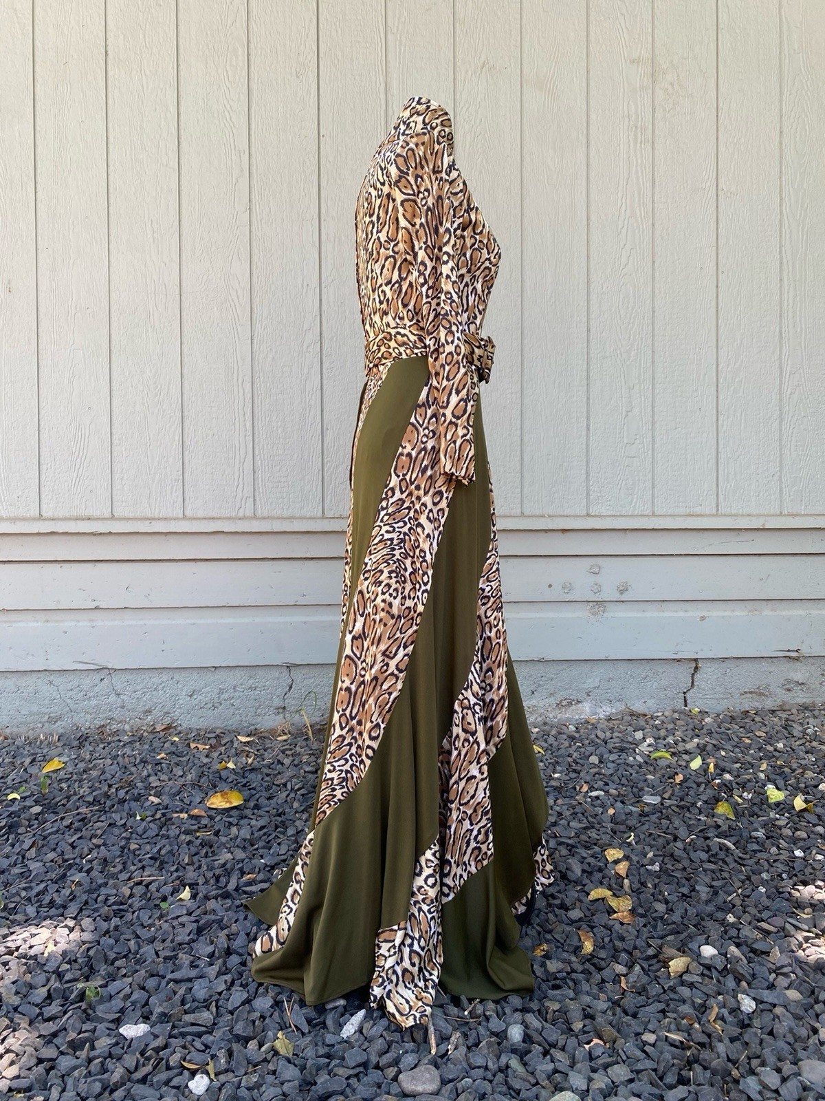 Vintage 70s Leopard Maxi Dress Mock Neck Animal Print Disco Glam Boho XS S
