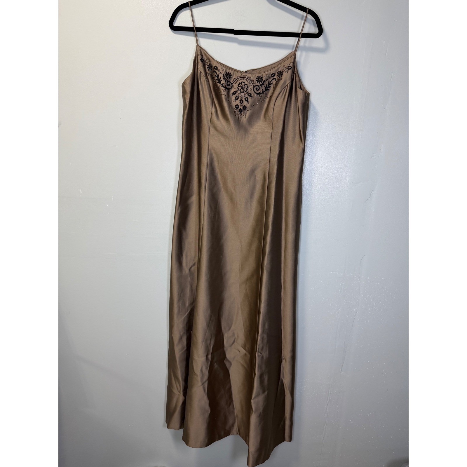 Vintage Alex Evenings Bronze Satin Beaded Embroidered Maxi Dress Gown Womens 12