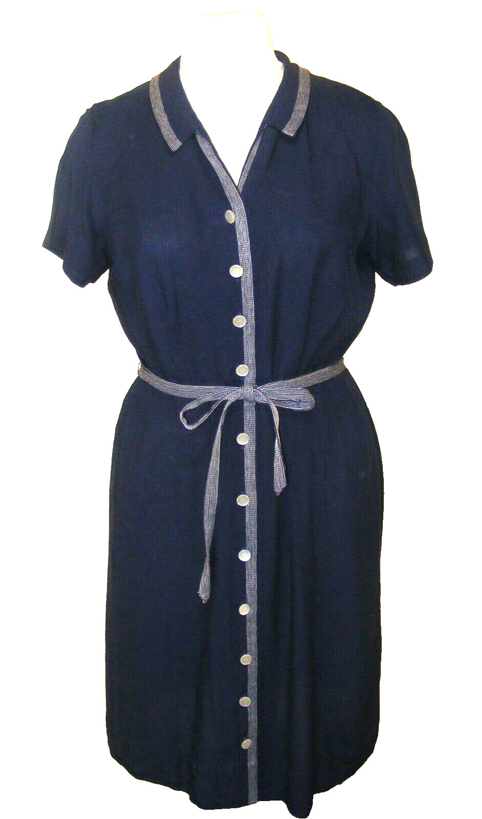 40S DRESS NAVY BLUE BUTTON UP LONG FULL SKIRT BELTED FLAT WAIST M