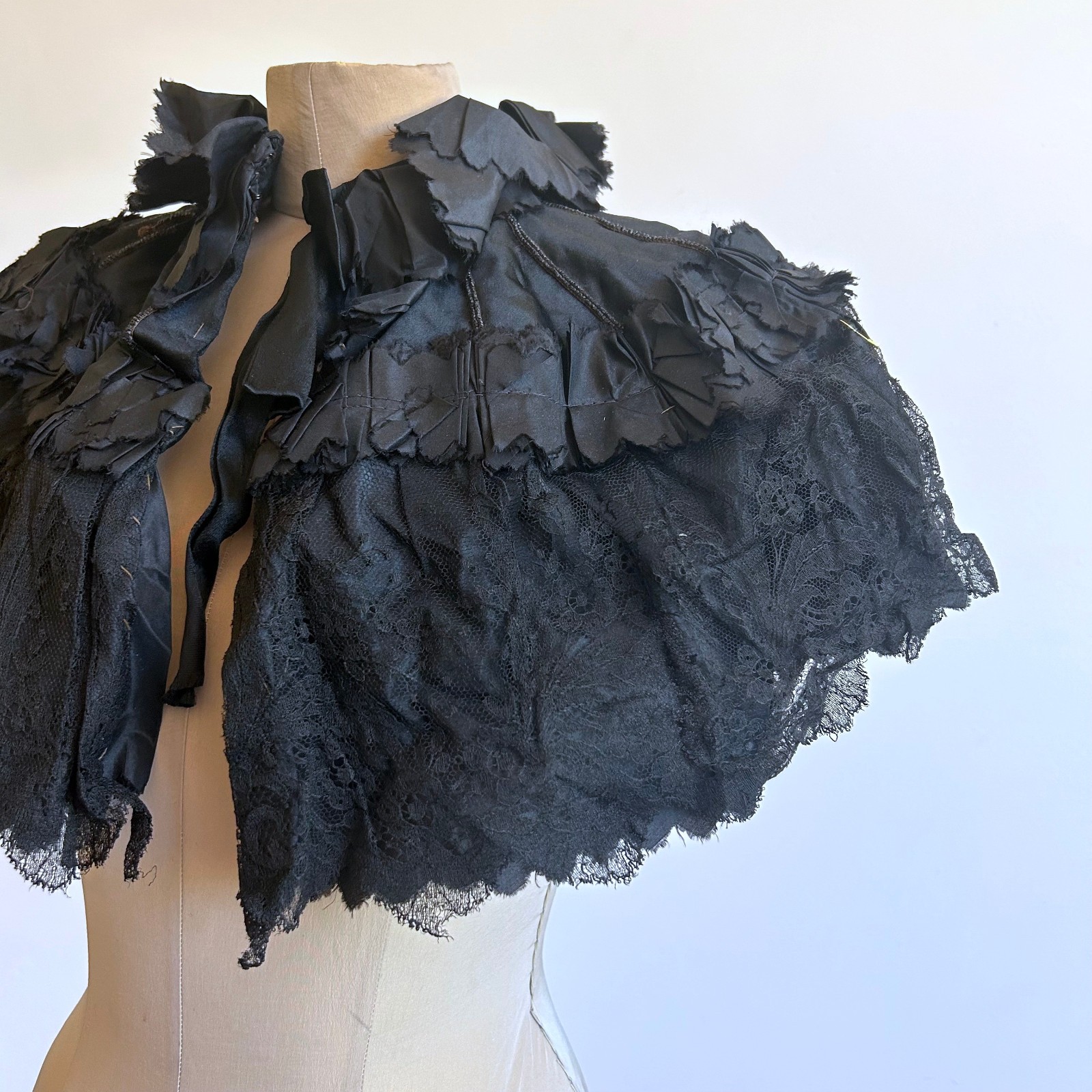 Antique Edwardian Victorian Black Mourning Capelet Silk Lace 1800s 1900s