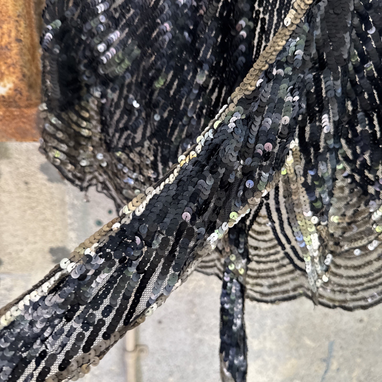 Vintage 1930s Black & Silver Sequin On Net Scalloped Cape Art Deco Dress Top