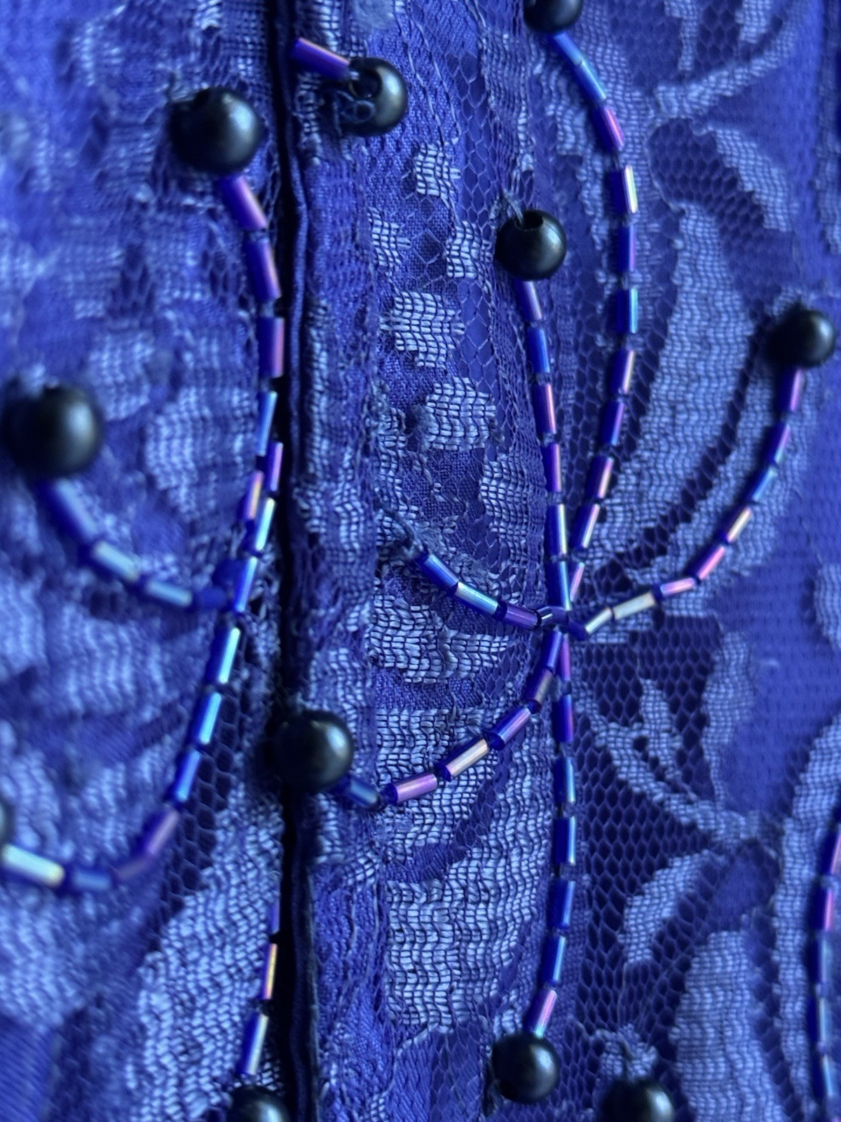 Vintage Fully Beaded Royal Blue Lace Party Dress (Size M-L) Special Occasion