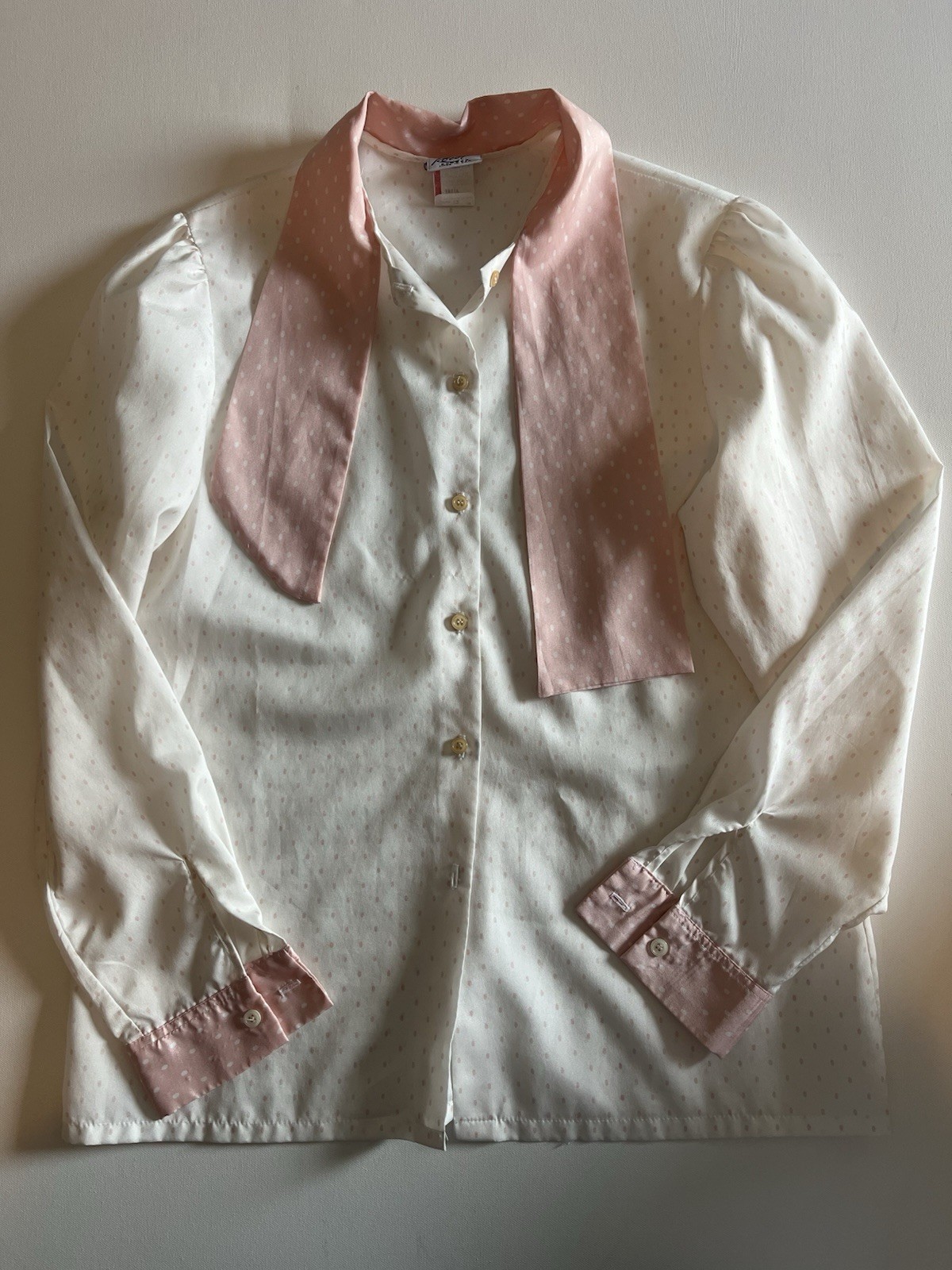 Vintage Korea Career Women’s Button Down Blouse Pink Long Collar, Polkadot 12