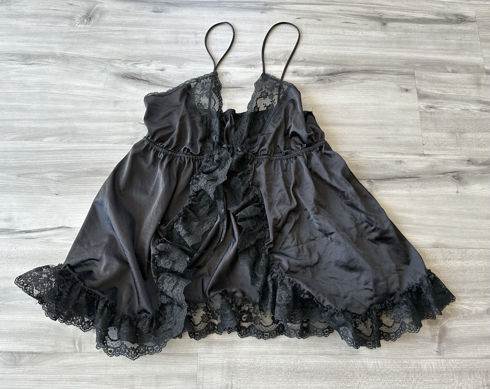 VTG Flair Frilly Front Tie Closure Lingerie Top Black Cami Teddy Sexy Nightie