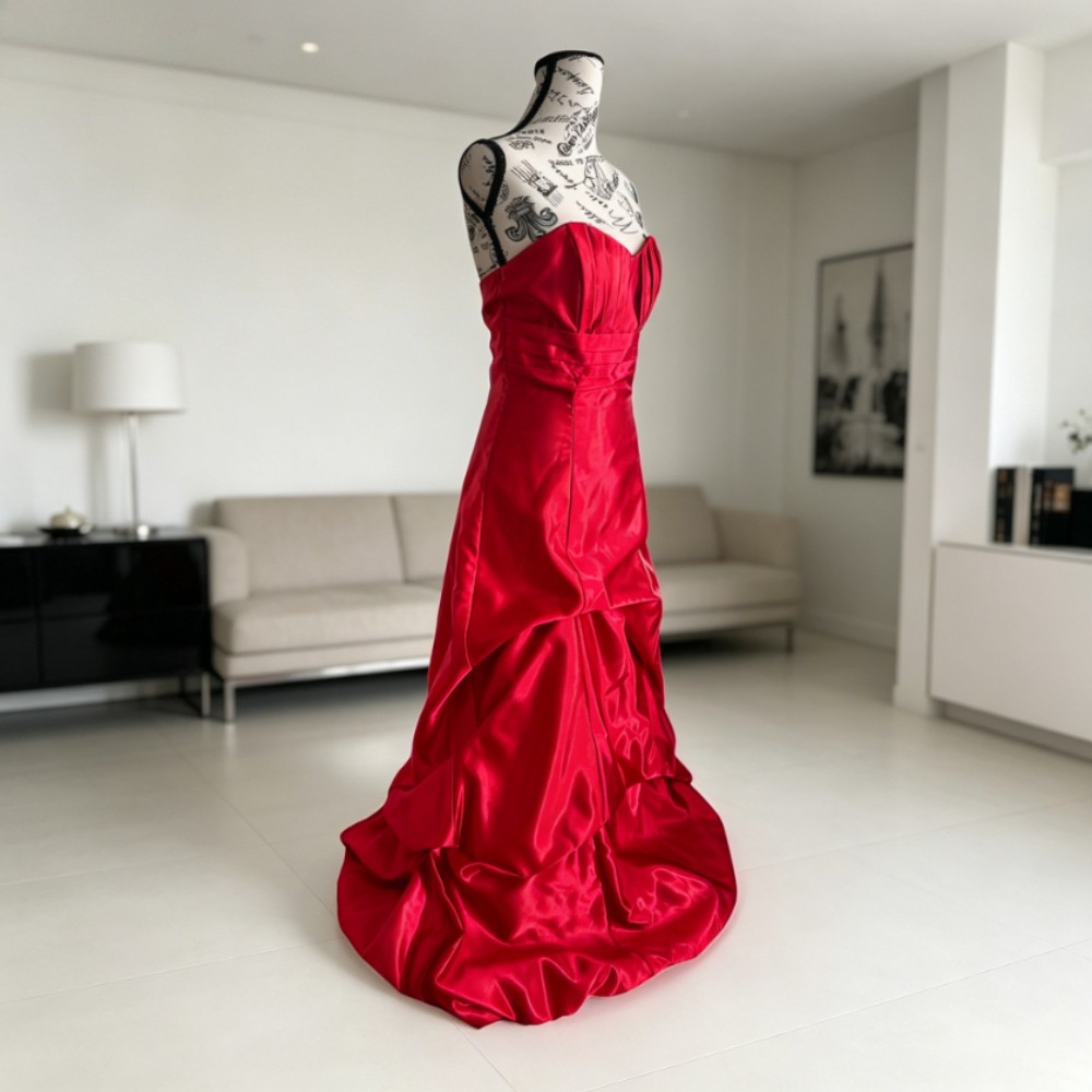 Strapless Red Satin Mermaid Prom Dress Ruffle Train Formal Evening Wedding Gowns