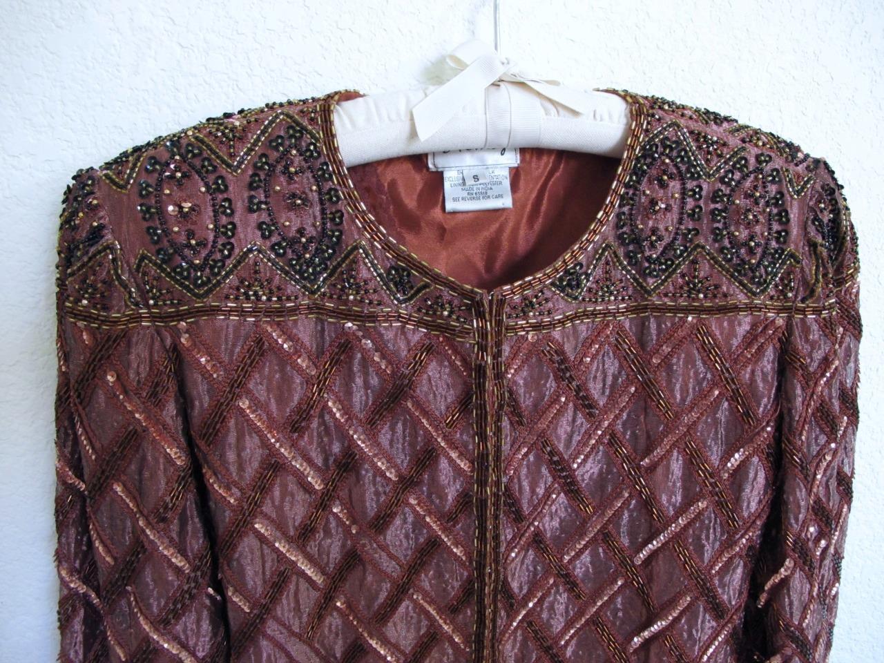 Vintage 80s Stenay Copper Brown Silk Trophy Sequin & Bead Jacket S Glam Party