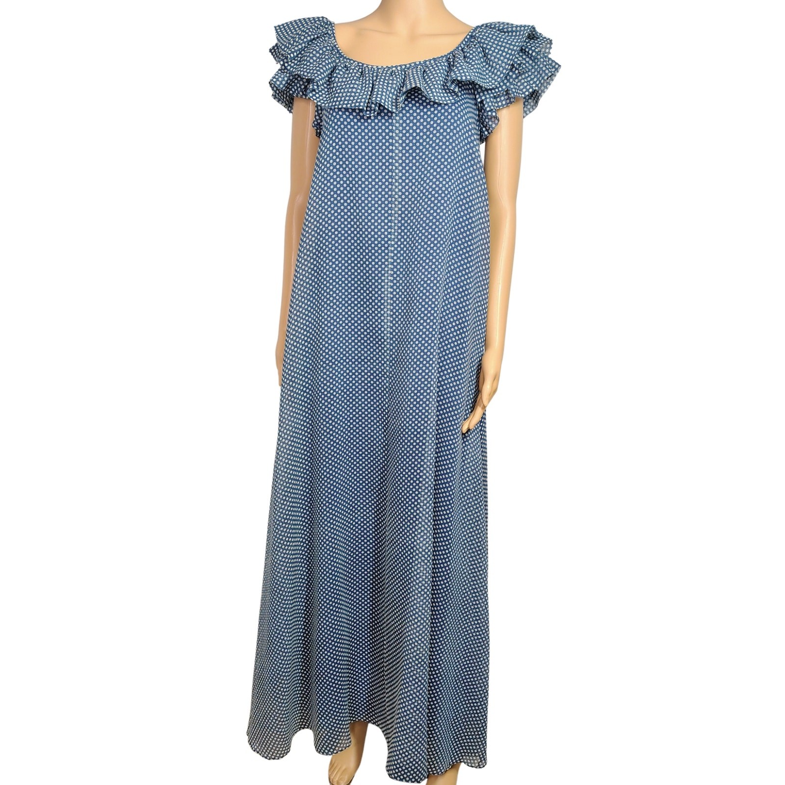 70s Joseph Magnin Blue Polka Dot Evening Gown Maxi Ruffled Neckline Dress Size 8