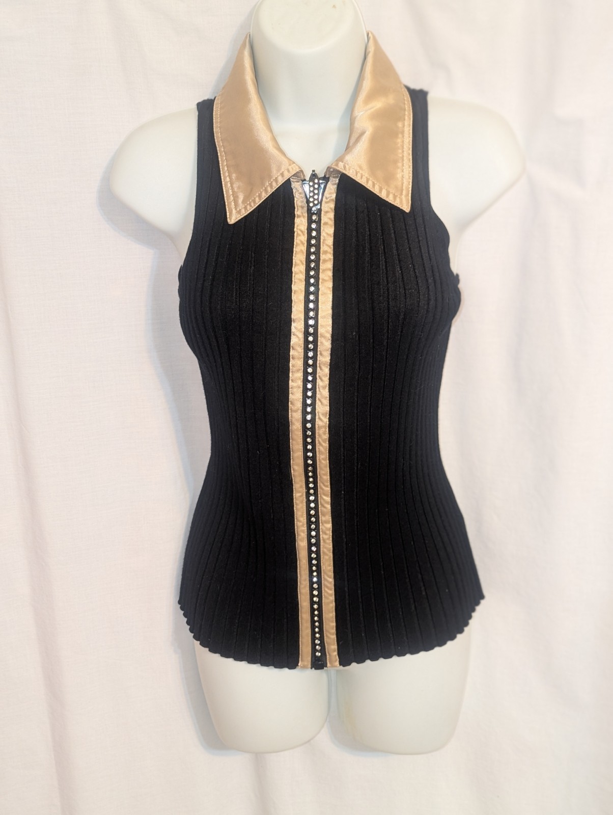 Vintage Belldini Top With Rhinestone Bedazzled Zipper and Silk Collar