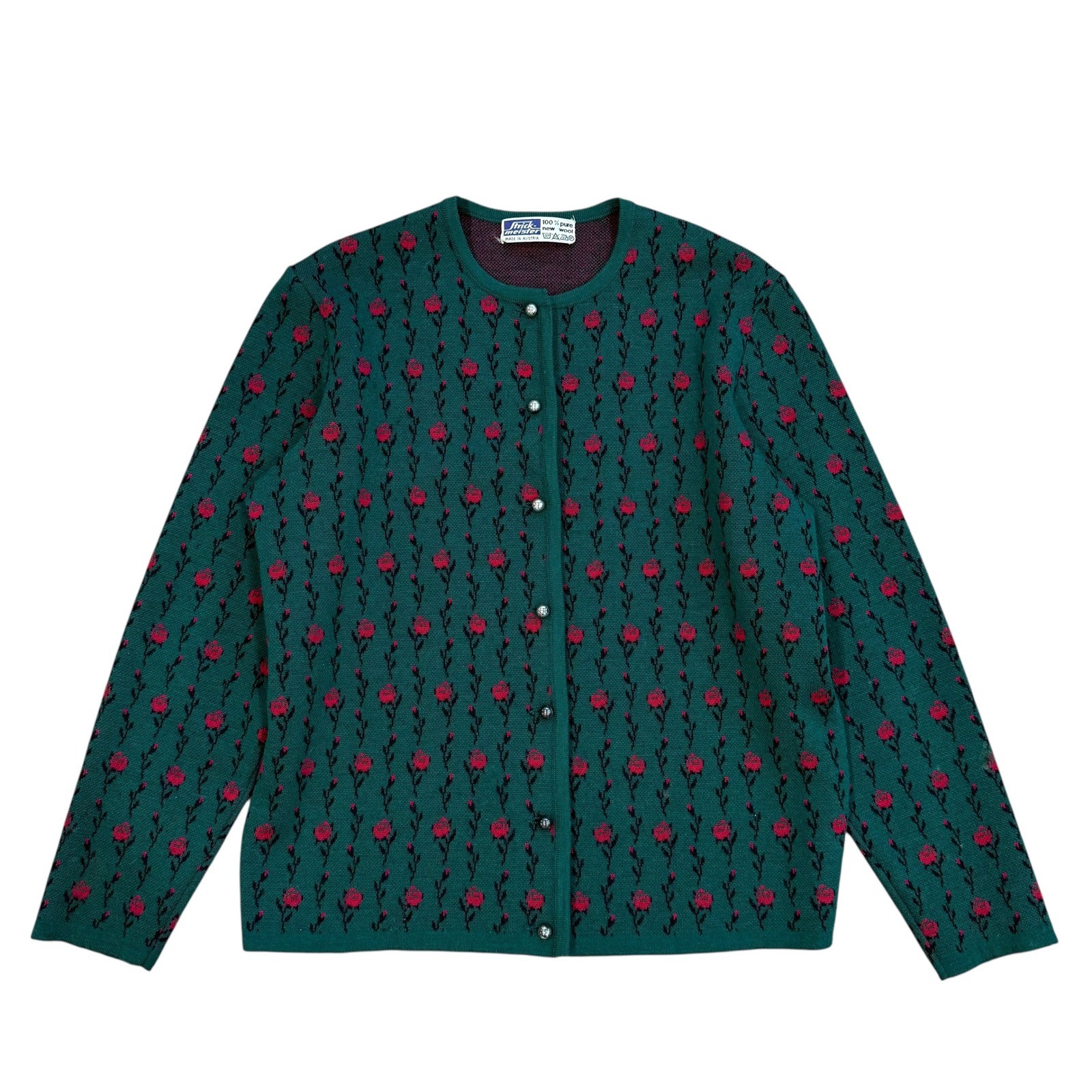 Strickmeister Austria Vintage Wool Cardigan Green Red Floral Rose Button Front
