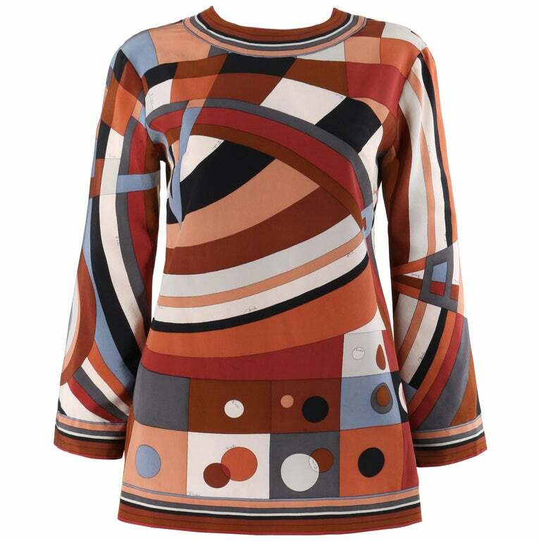 EMILIO PUCCI c.1960&rsquo;s Brown Multicolor Op Art Signature Print Shirt Blouse