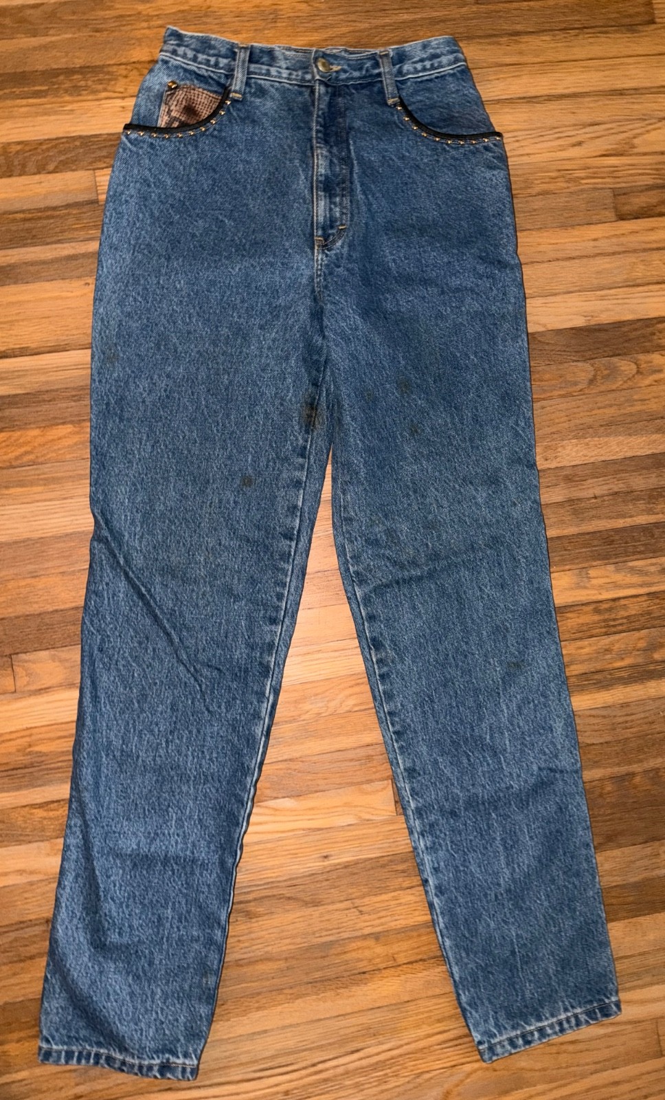 St. Maarten Dallas Black Leather & Jean Studded Western Pants Vintage Size 6 28