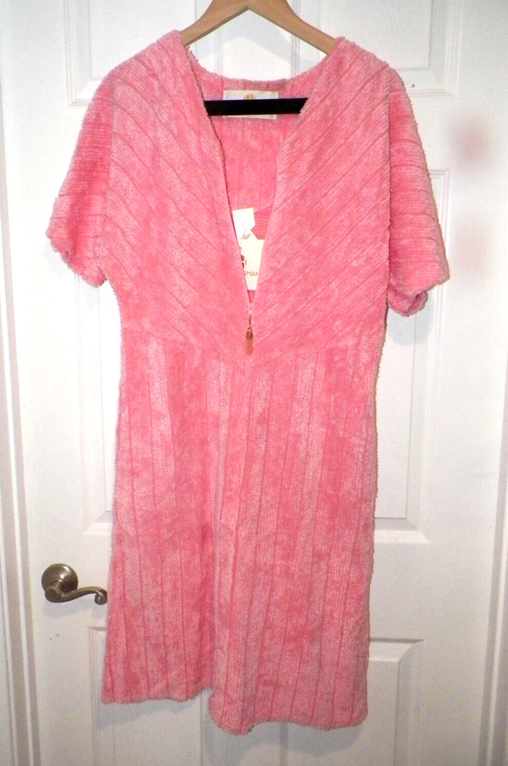 VTG STAN HERMAN CHENILLE PULLOVER 1/2 ZIP FRONT HOUSE DRESS PINK SZ S NWT