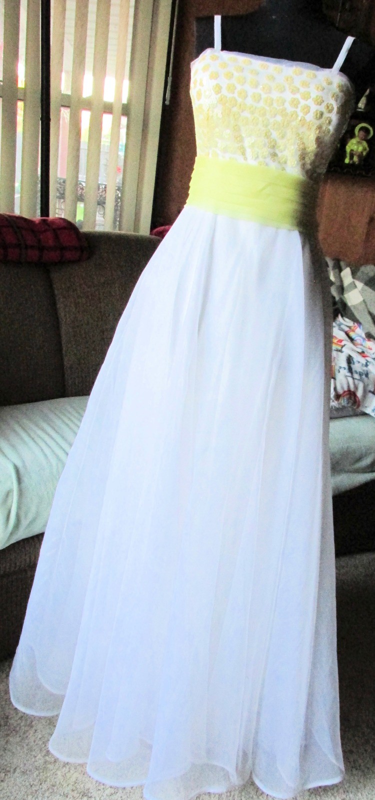 Vintage Alyce Design White Organza Yellow Chiffon Sequins Spaghetti Straps SZ 6