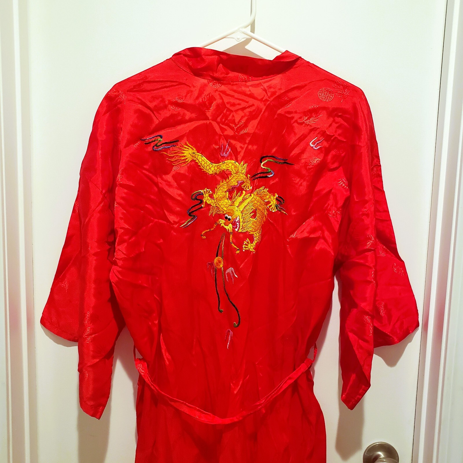 Golden Bee Red Robe Jacket Embroidered Golden Dragon Kimono Long Tie Large READ