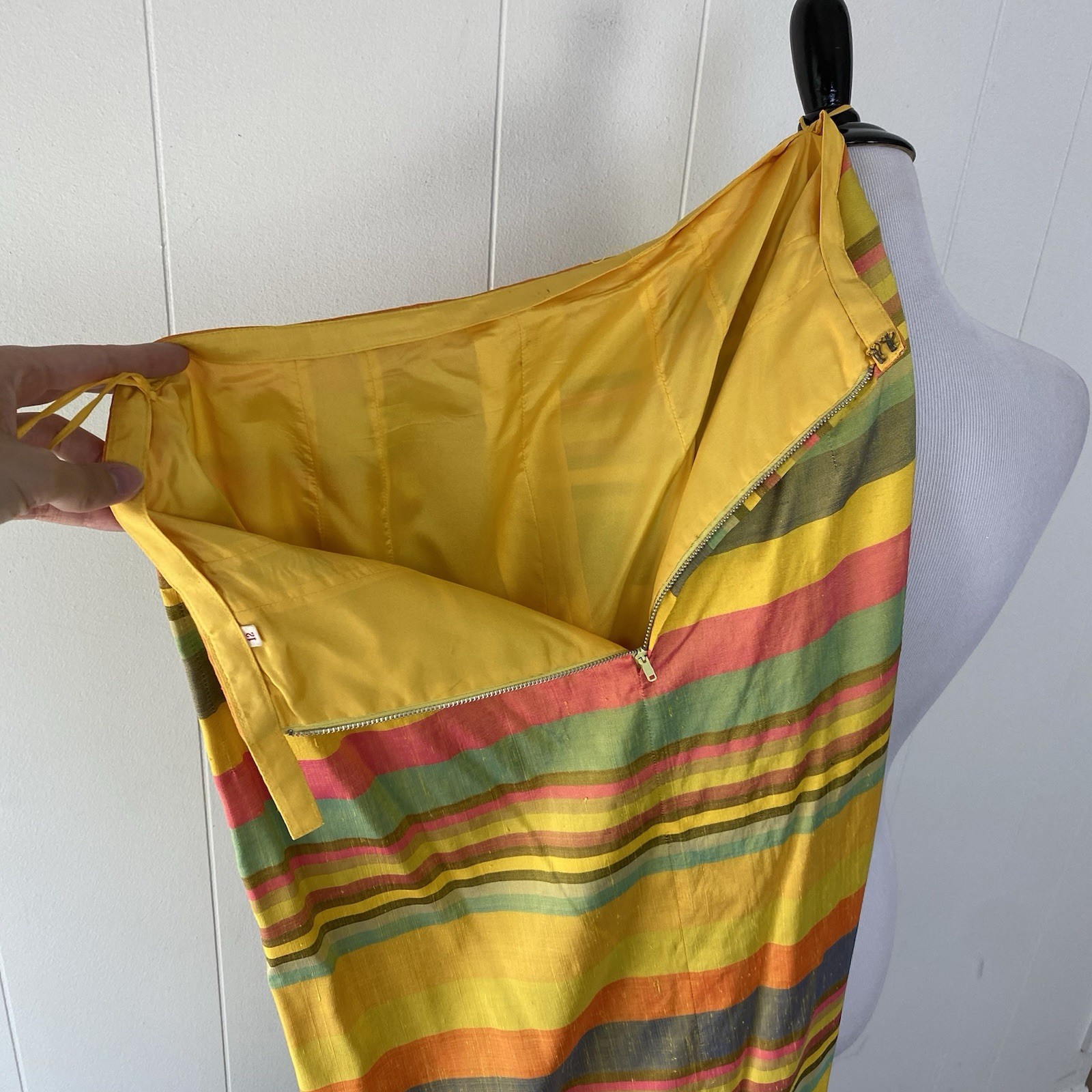 60s 70s Taffeta Multicolor Silk? Striped Maxi Skirt M 28-29” Waist Handmade