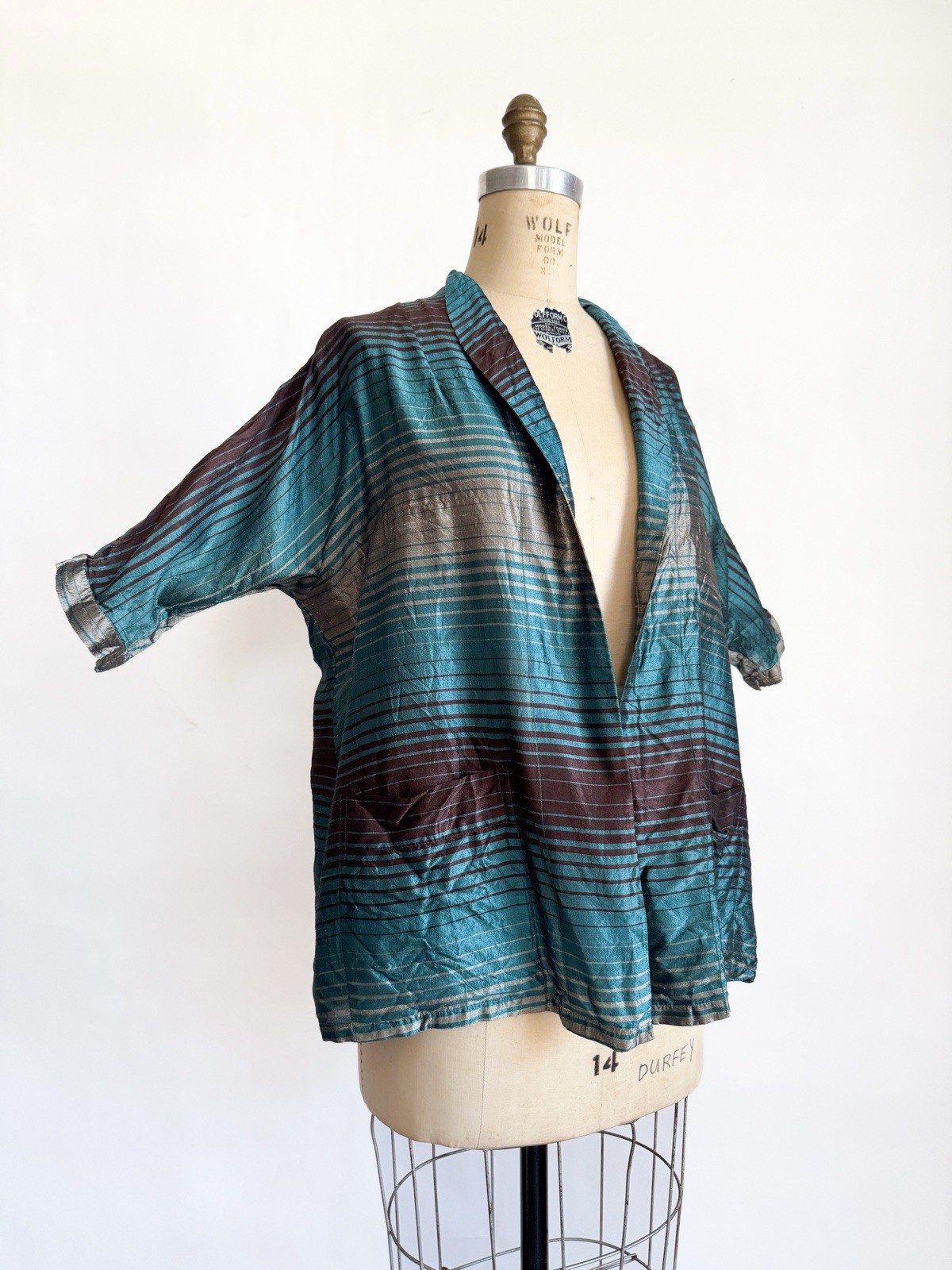 Vintage 1950s Striped Silk Wrap Top Belted Shirt Silk Teal Copper Tommies M L