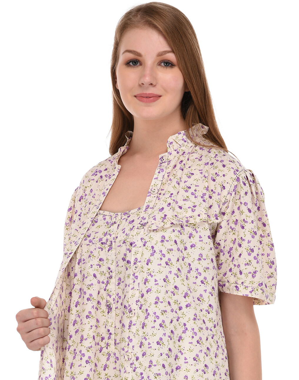 Wrinkle-Resistant Printed Nightdress/Housecoat Set | Cotton Lane