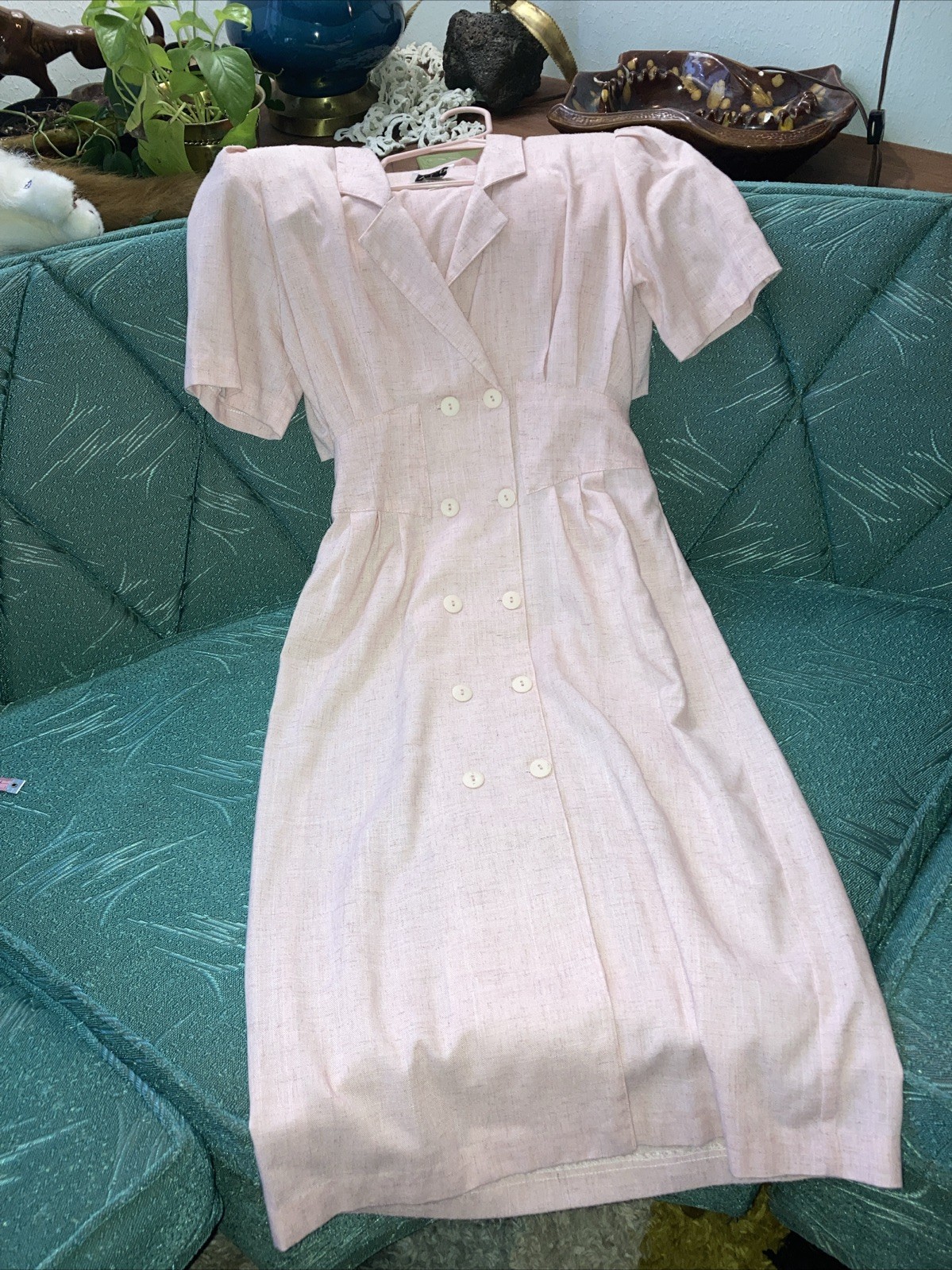 Vtg V.L.P. Petites Dress ButtonUp Collar Pink Peach ILGWU Double Breasted Size 6